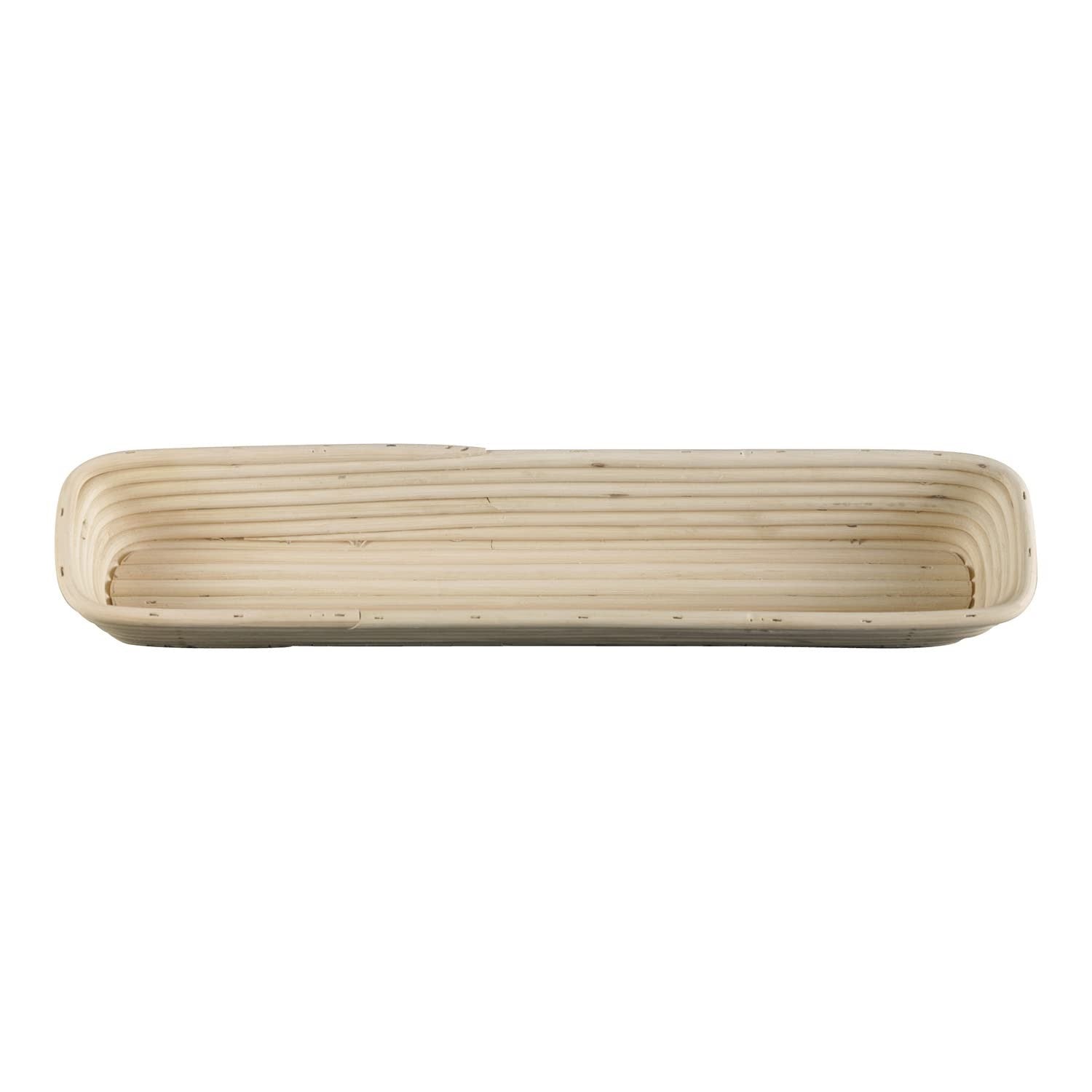 Frieling sourdough proofing basket in natural brown, 17-inch by 4-inch rectangular shape with woven design for bread fermentation.