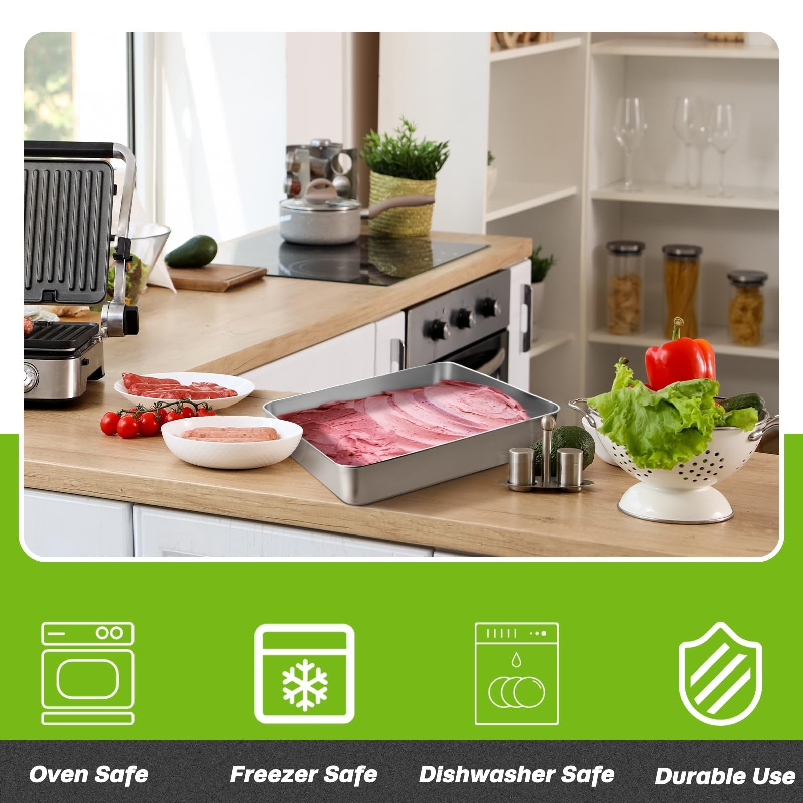 Tioncy stainless steel cake pans set with lids, includes 13, 11, and 9-inch rectangle baking sheets with shiny finish