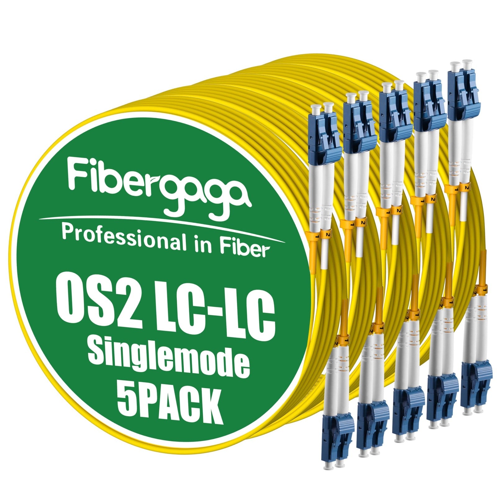 Fibergaga 5-pack 5M OS2 LC to LC fiber patch cables, duplex singlemode 9/125µ, with black connectors and flexible cables.