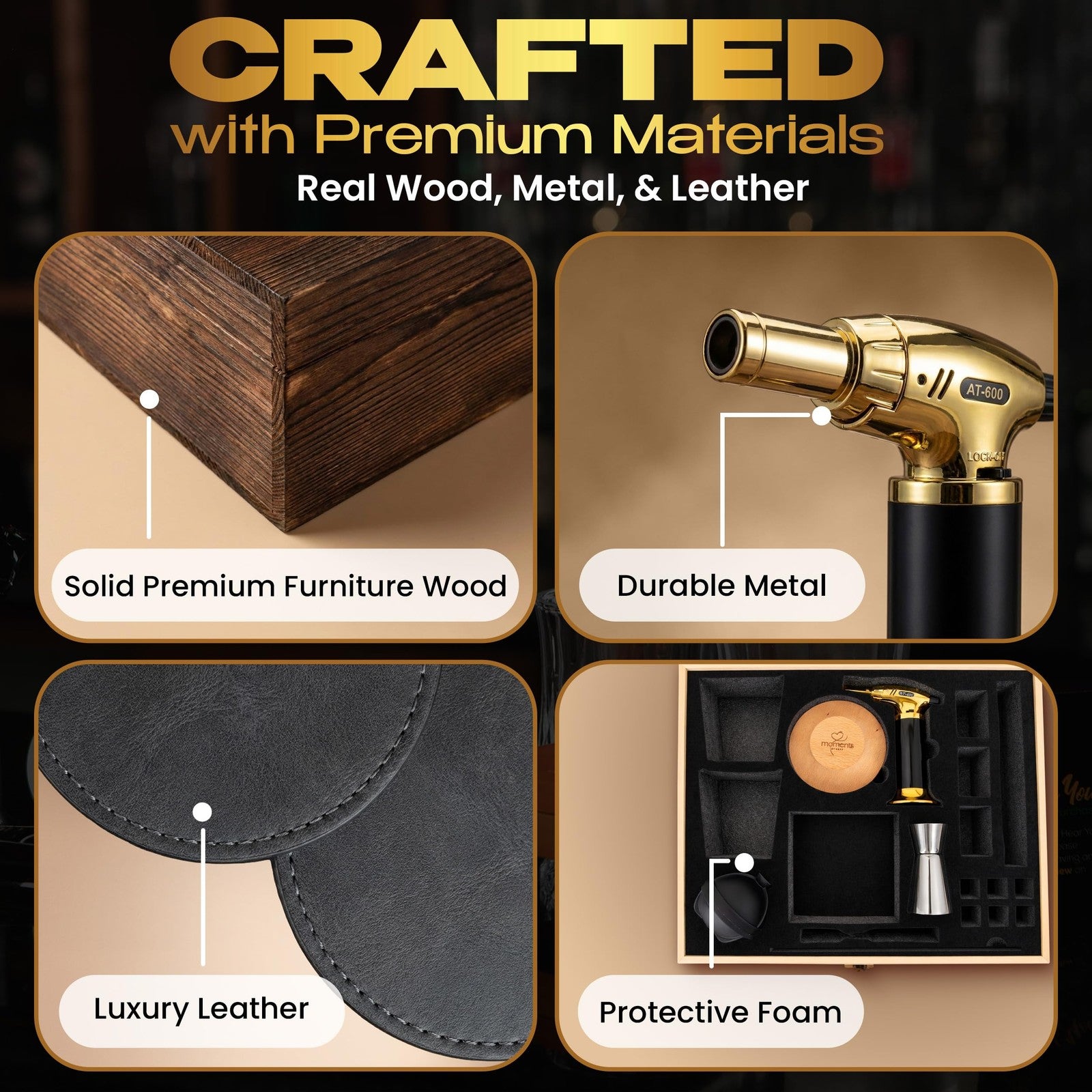 Moments by Keff premium whiskey smoker kit with wooden gift torch, square lid, and smoker accessories for flavor infusion.