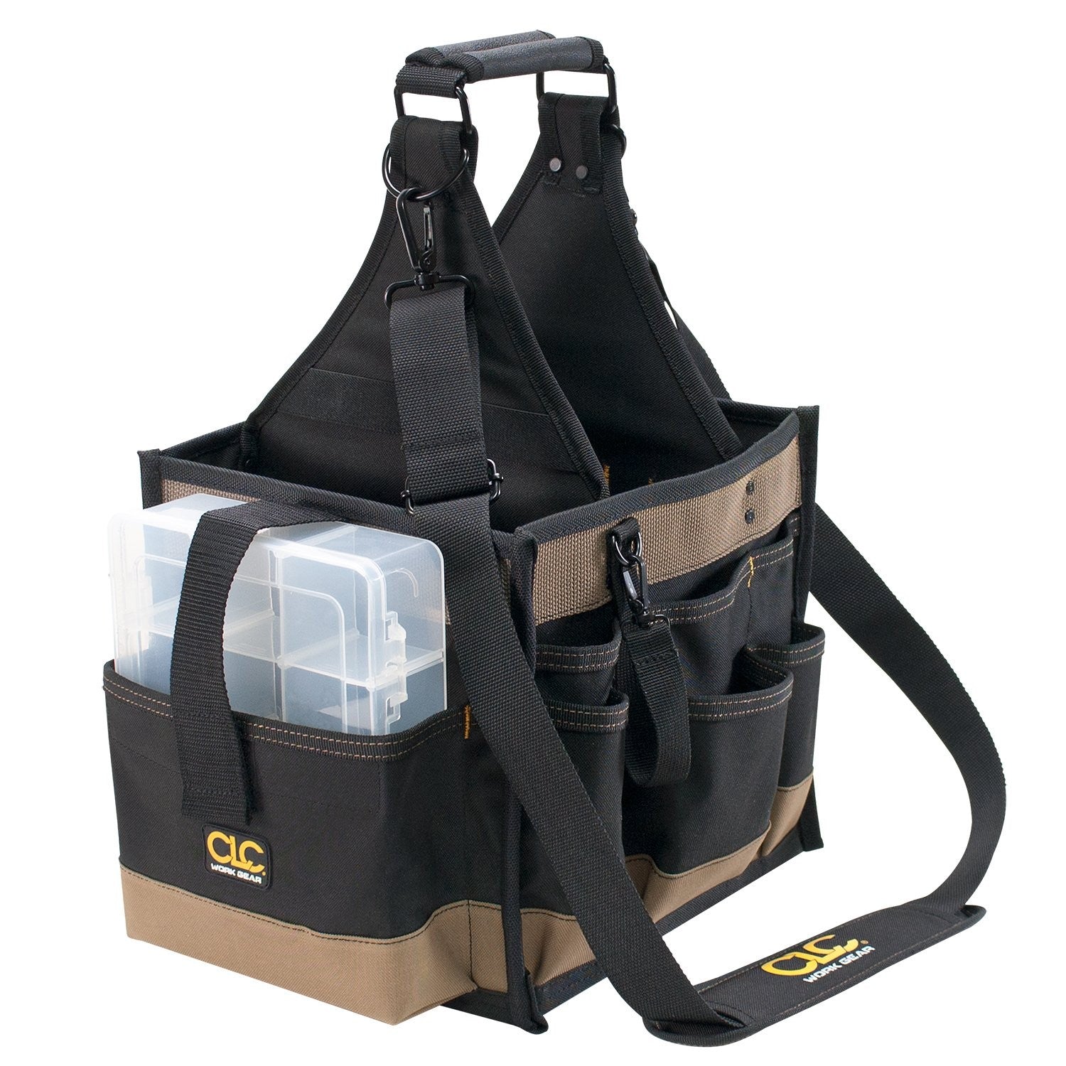 Black CLC Custom LeatherCraft 1528 large electrical and maintenance tool carrier with multiple compartments on a workbench.
