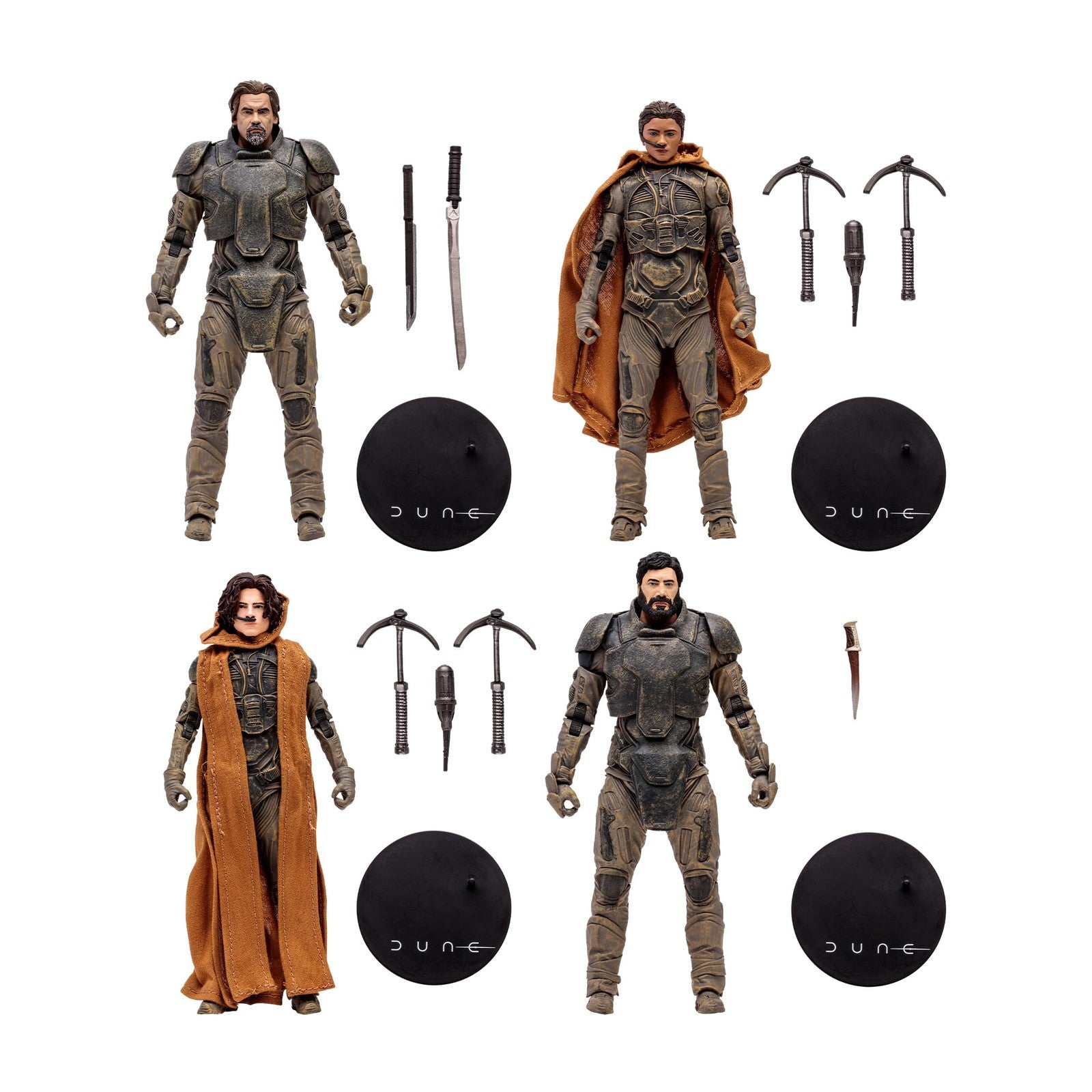McFarlane Toys Dune Part Two action figures including Gurney Halleck, Paul Atreides, Chani, and Stilgar in 4-pack set