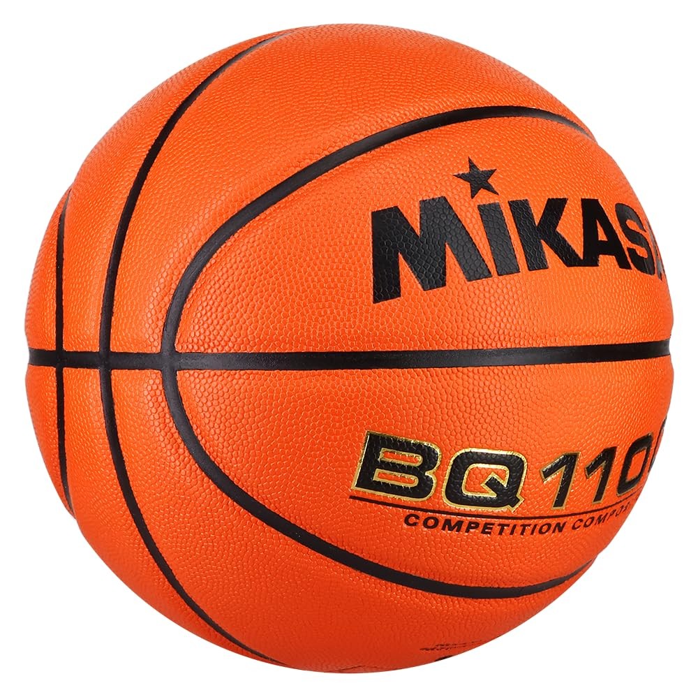 Mikasa BQ1100 competition basketball in orange, official size, with textured surface for better grip and control.