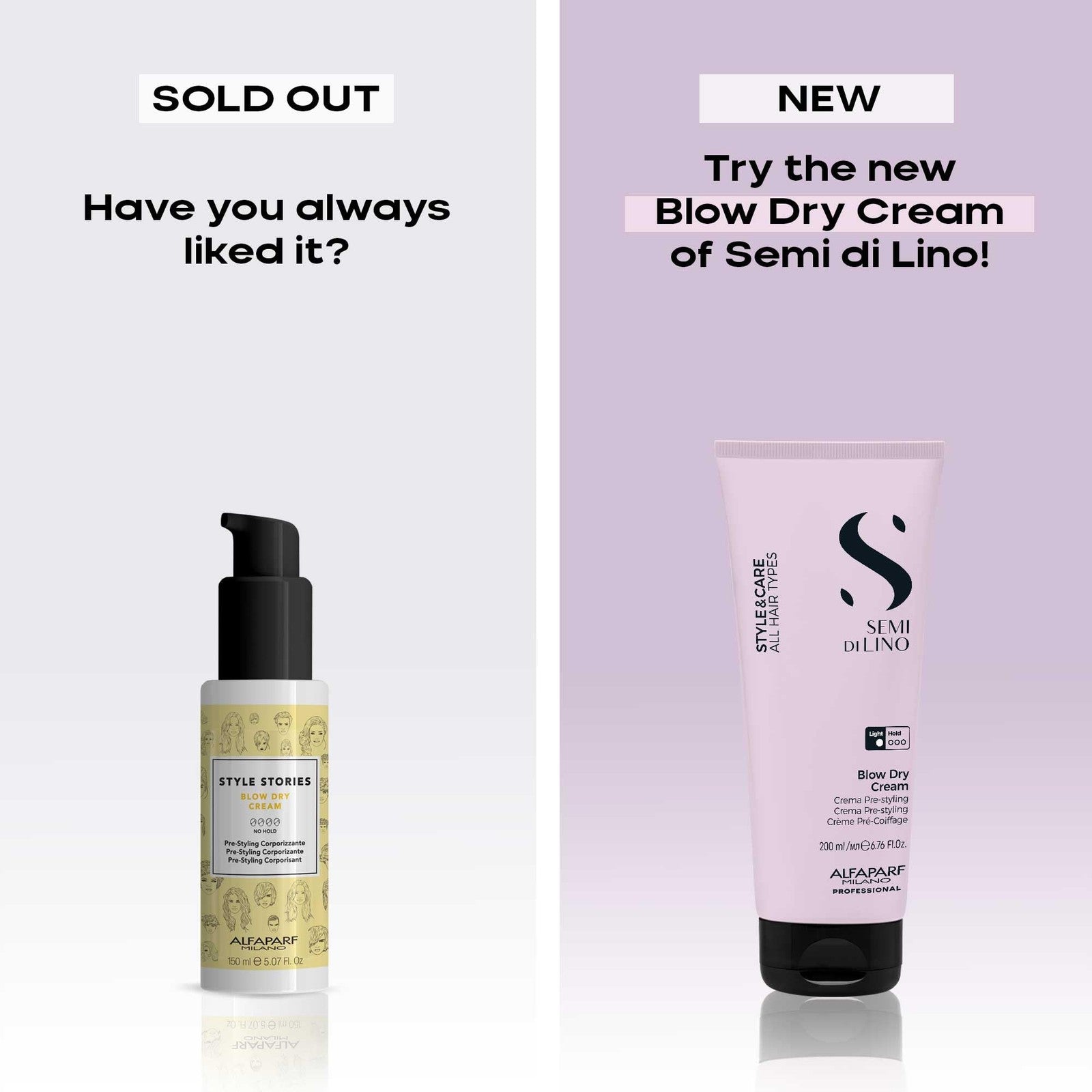ALFAPARF MILANO Semi di Lino Style & Care Blow Dry Cream for light hold, shown in a clear tube with a white cap.