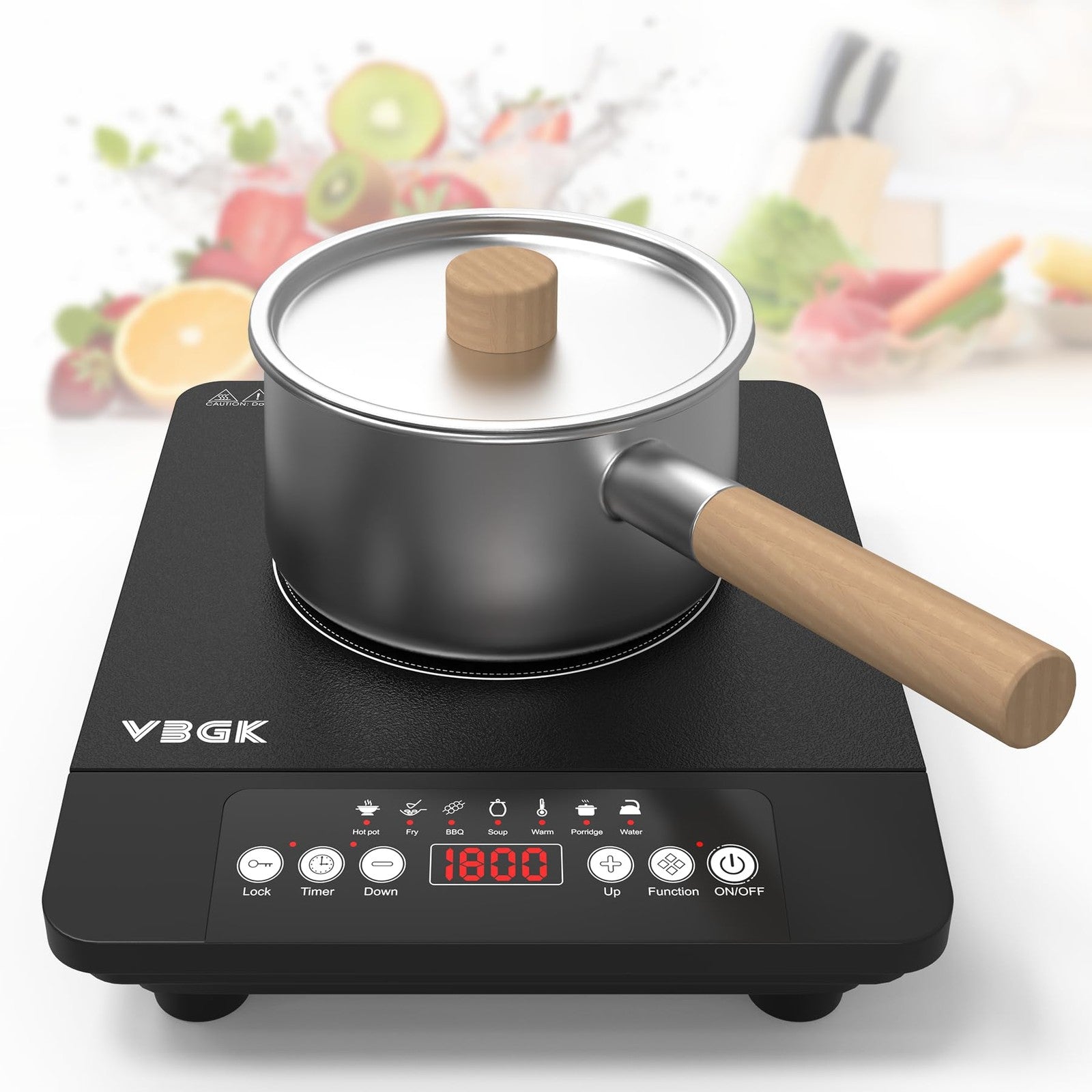 VBGK portable induction cooktop with single burner, 1800W, 110V electric stove top for quick and efficient cooking.