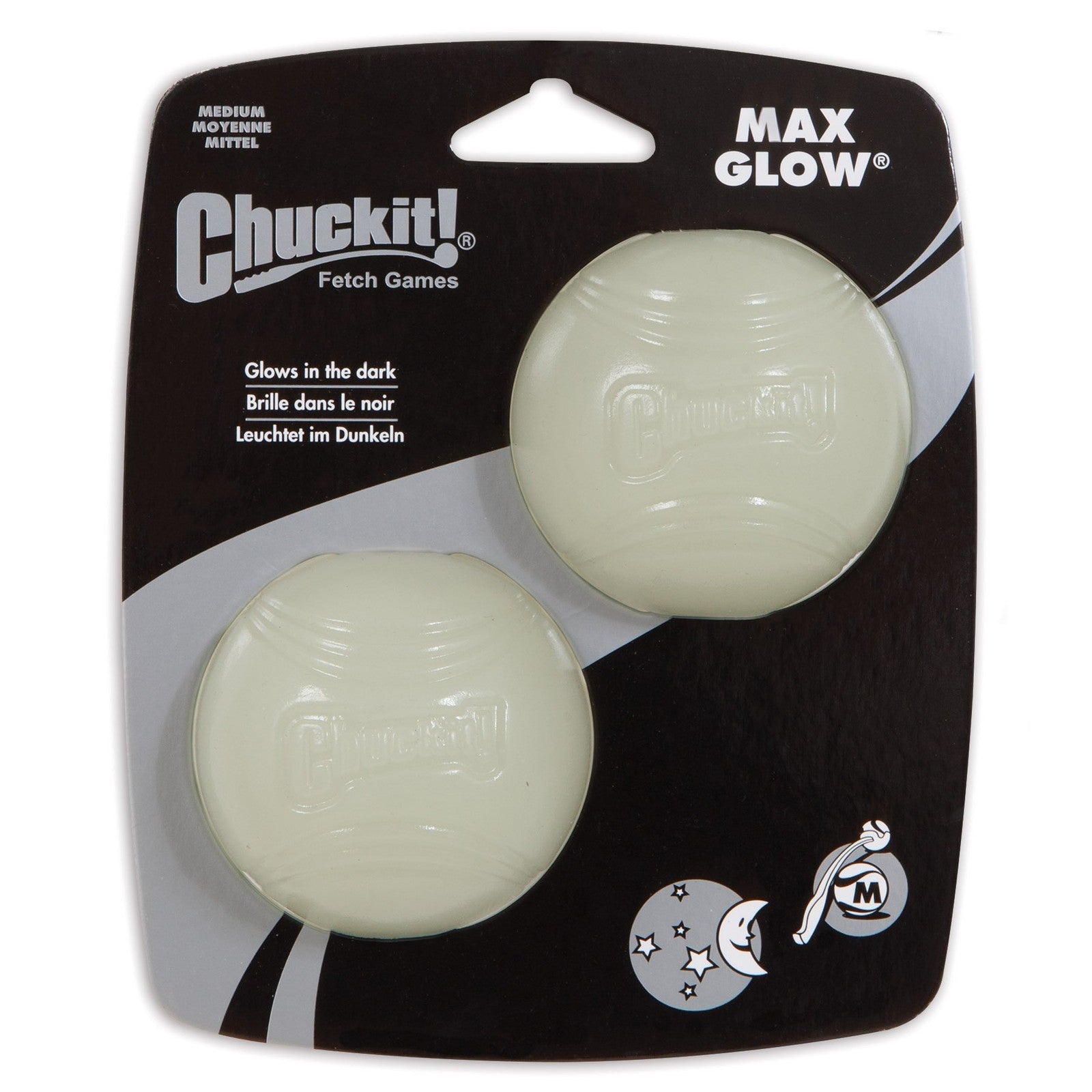 Two Chuckit! Ultra Ball dog toys glowing in the dark, part of a pack of 8, designed for active dogs and outdoor play.