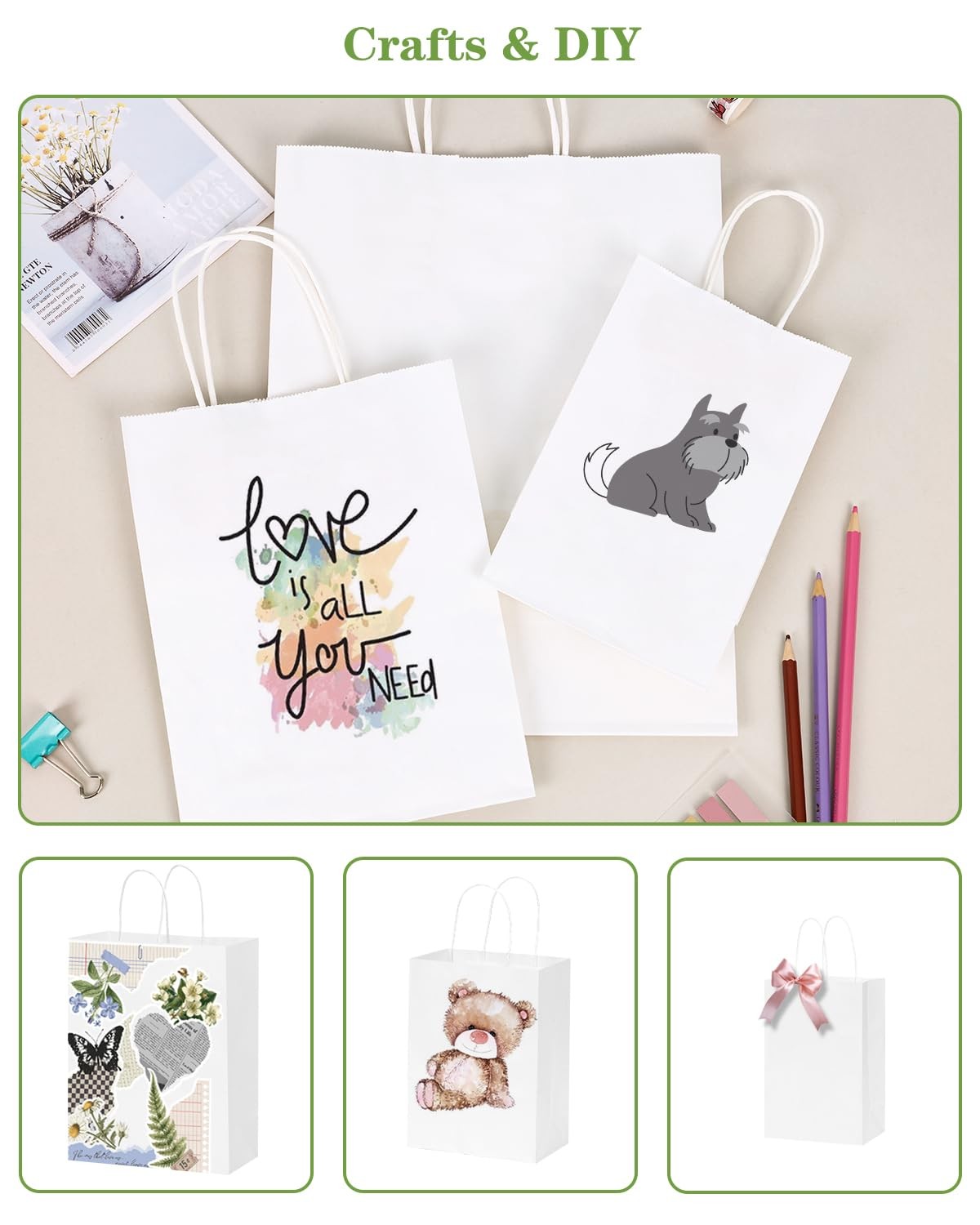 OUTUXED 100 white kraft paper gift bags with handles in three sizes, ideal for retail and party gift packaging.