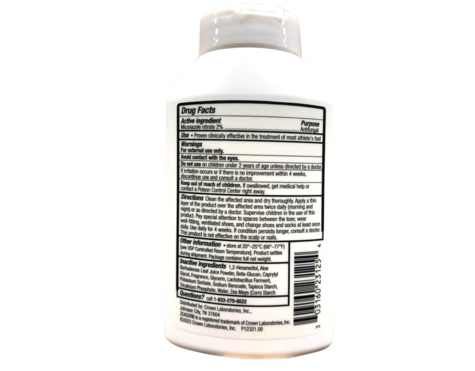Unbranded Zeasorb antifungal powder in 2.5 oz container, showing the powder and packaging for athlete's foot treatment