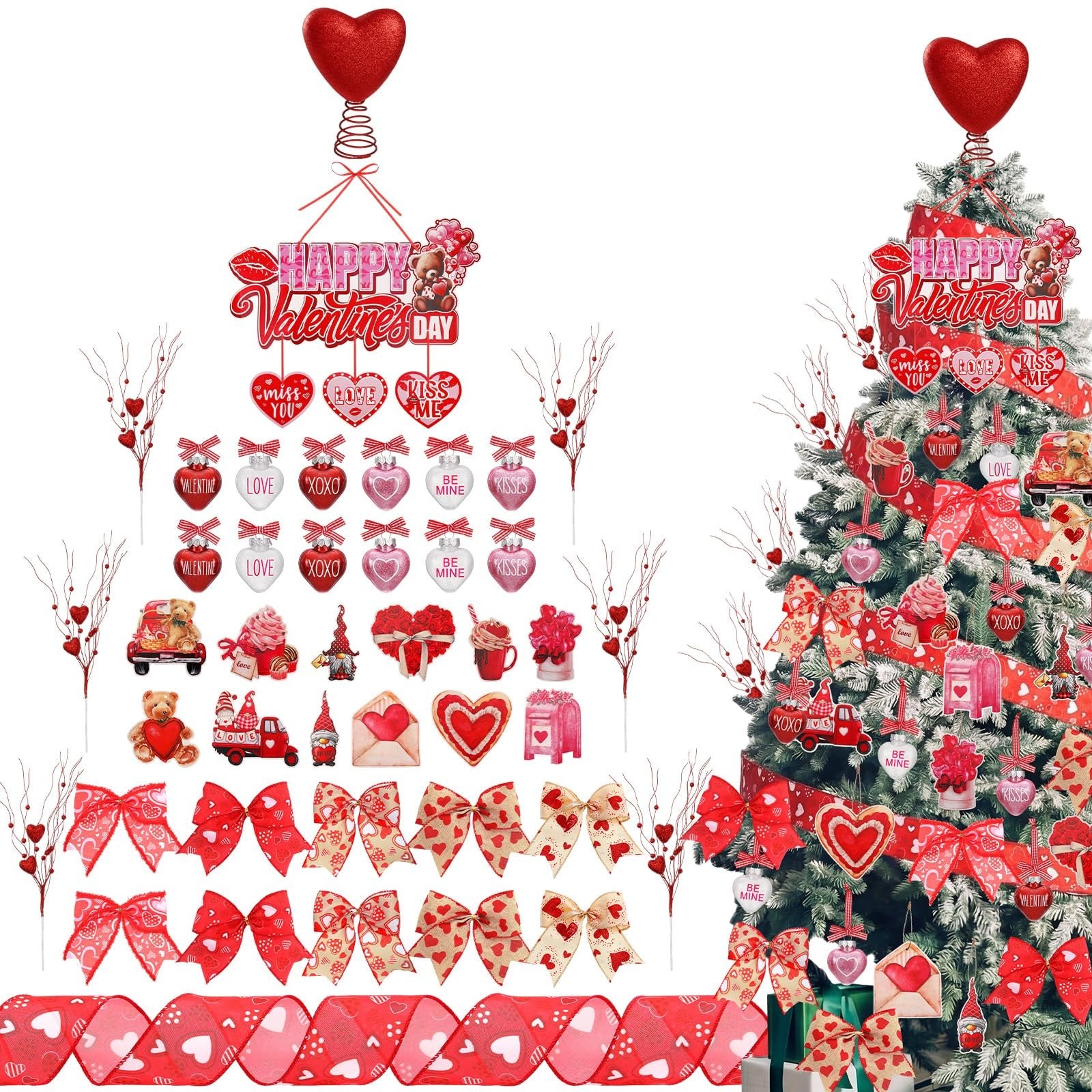 Halfchet 43-piece Valentine's Day tree decorations with hanging ornaments for festive holiday display.
