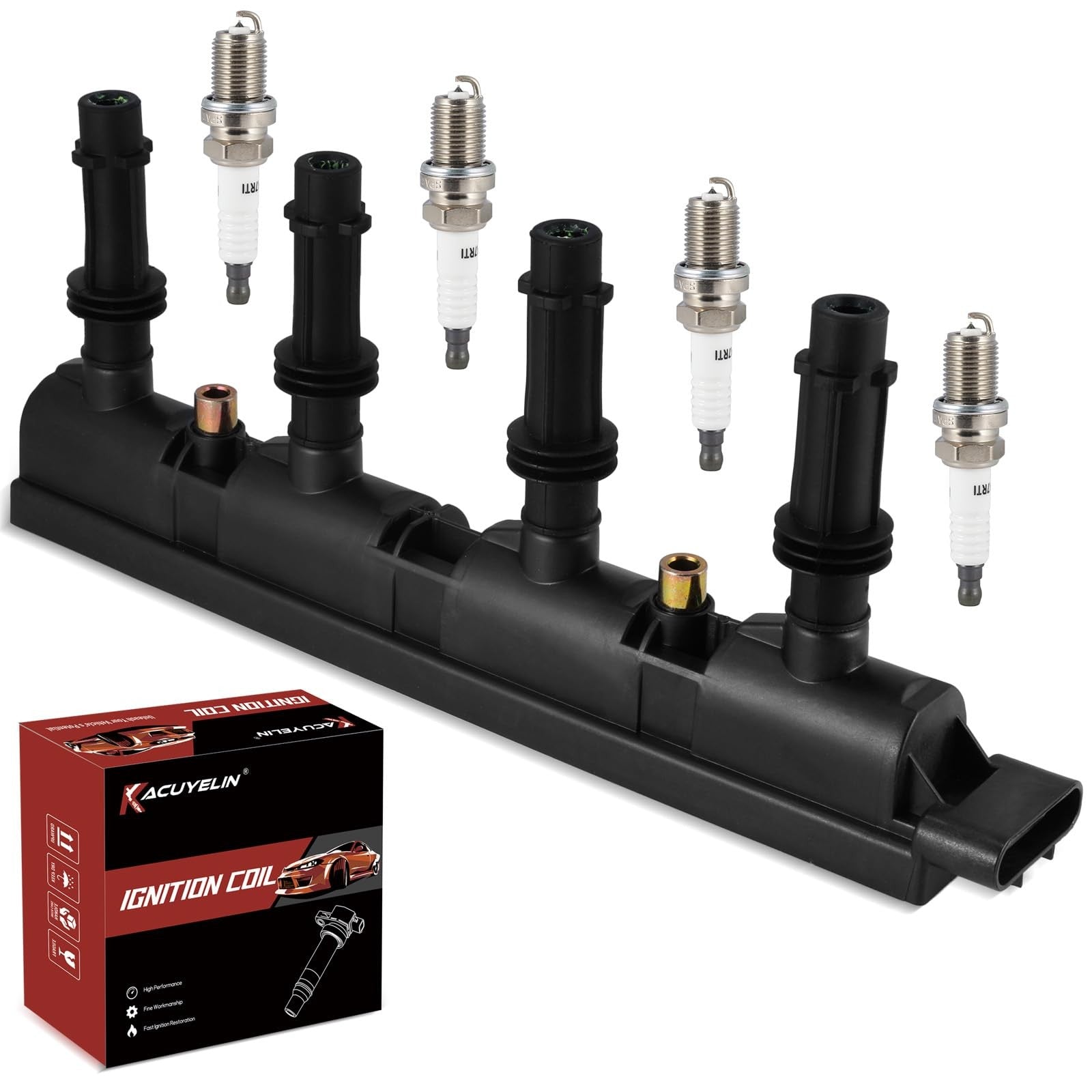 KacuYelin UF669 ignition coil pack and iridium spark plugs for Chevy C engine, with visible coil and spark plug components.