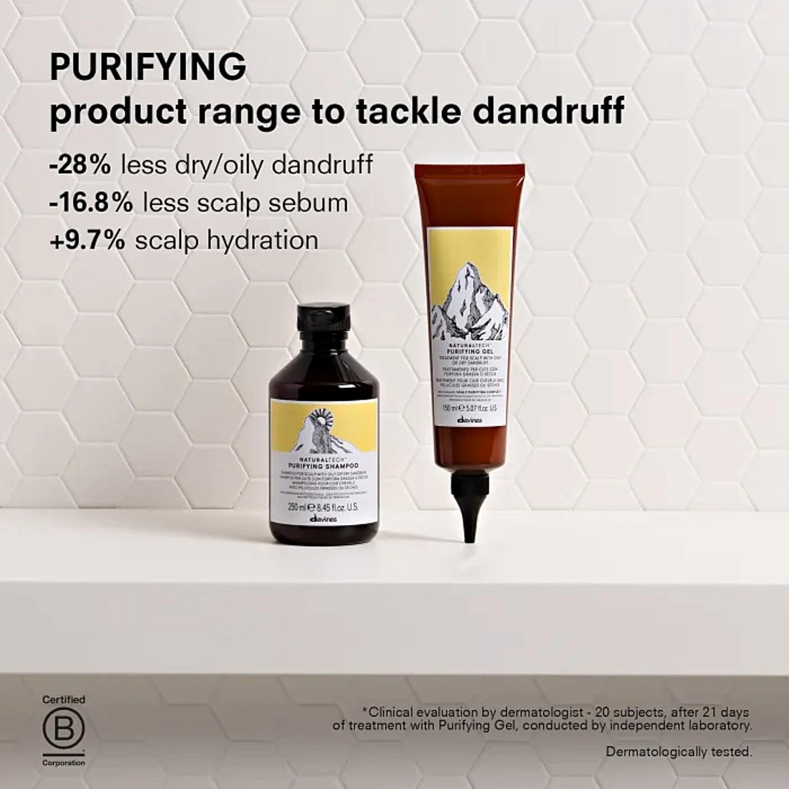 Davines Naturaltech Purifying Gel for dandruff and oily scalp, featuring a clear gel formula with natural clarifying ingredients.