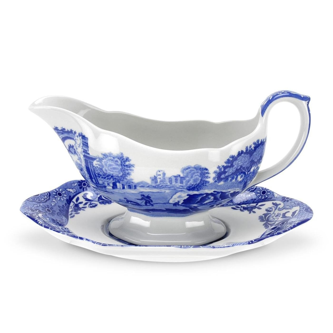 Spode Blue Italian 9 oz ceramic gravy boat with matching saucer, featuring classic blue and white Italian pattern.
