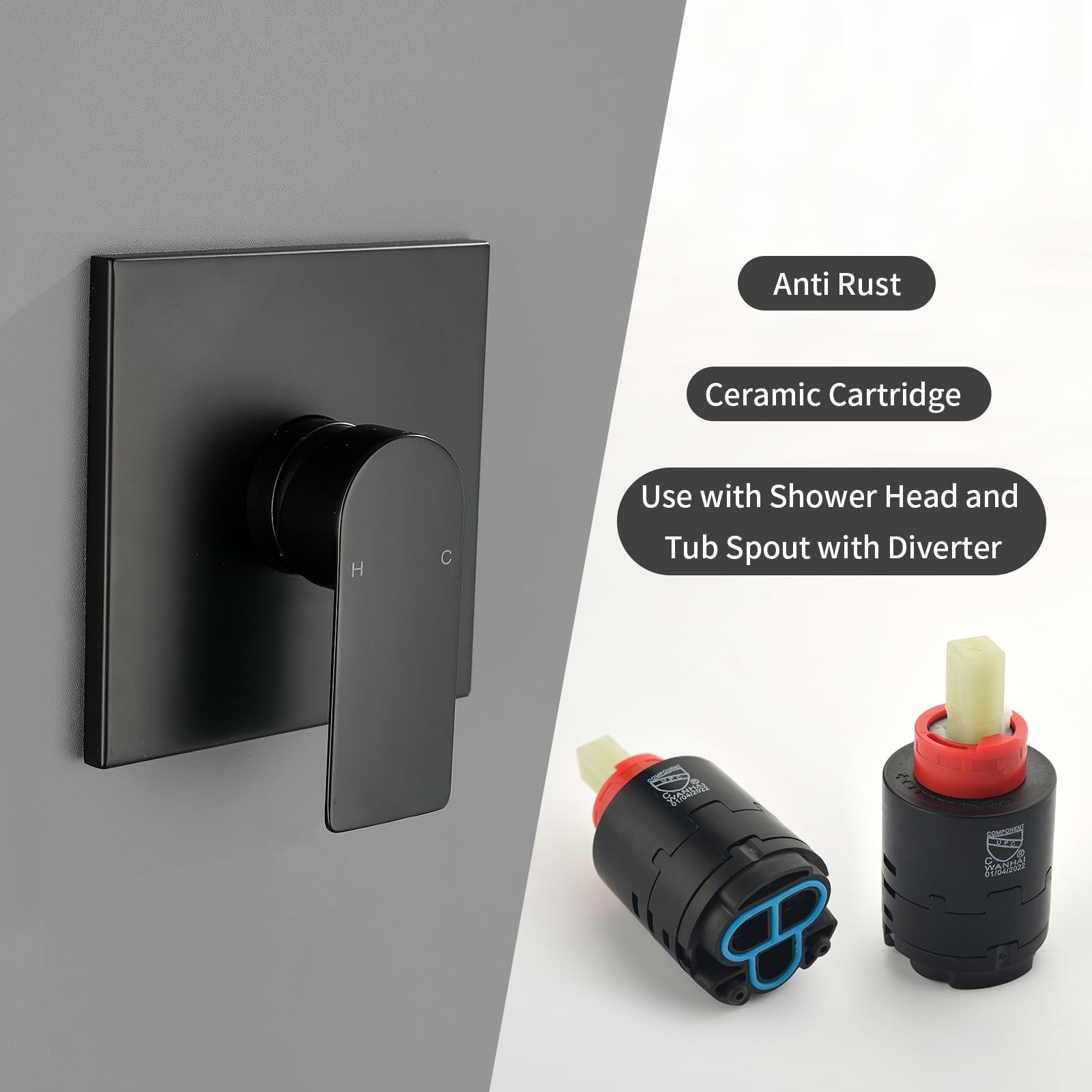 Matte black VIKASI single-handle shower valve kit with trim for bathroom shower faucet setup, shown installed in a modern bathroom.