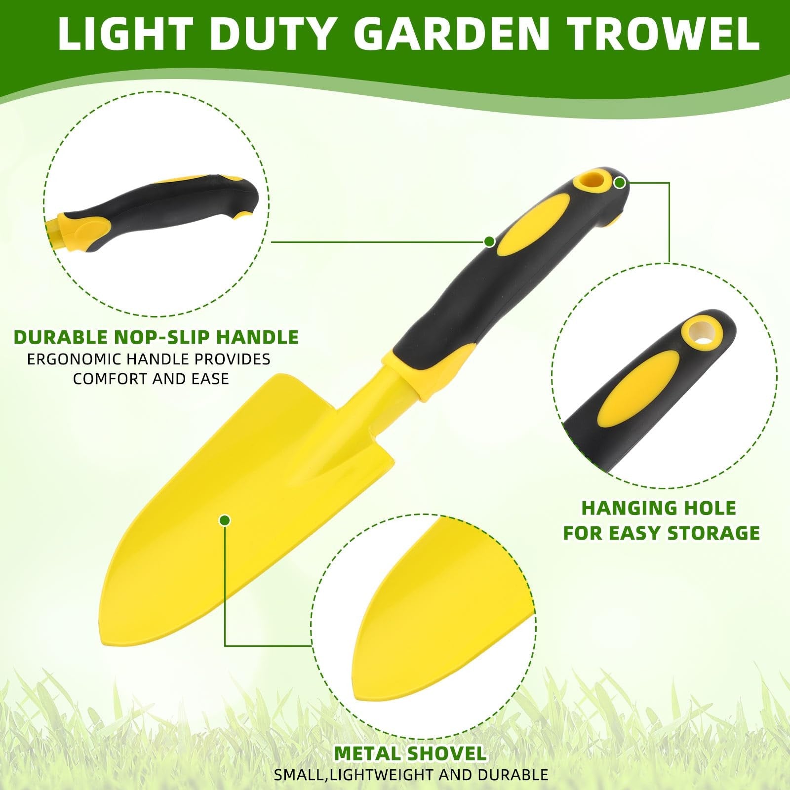 Yaocom 12-piece garden shovel set featuring small aluminum alloy trowels for heavy-duty digging and planting tasks.