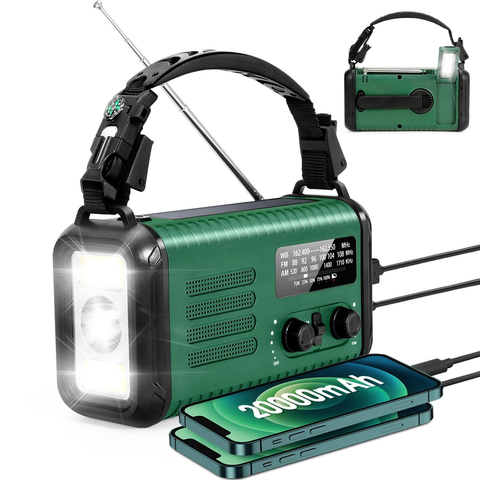 Leaton hand crank emergency radio with NOAA weather alerts, AM/FM bands, solar power, and a 20000mAh battery in black.