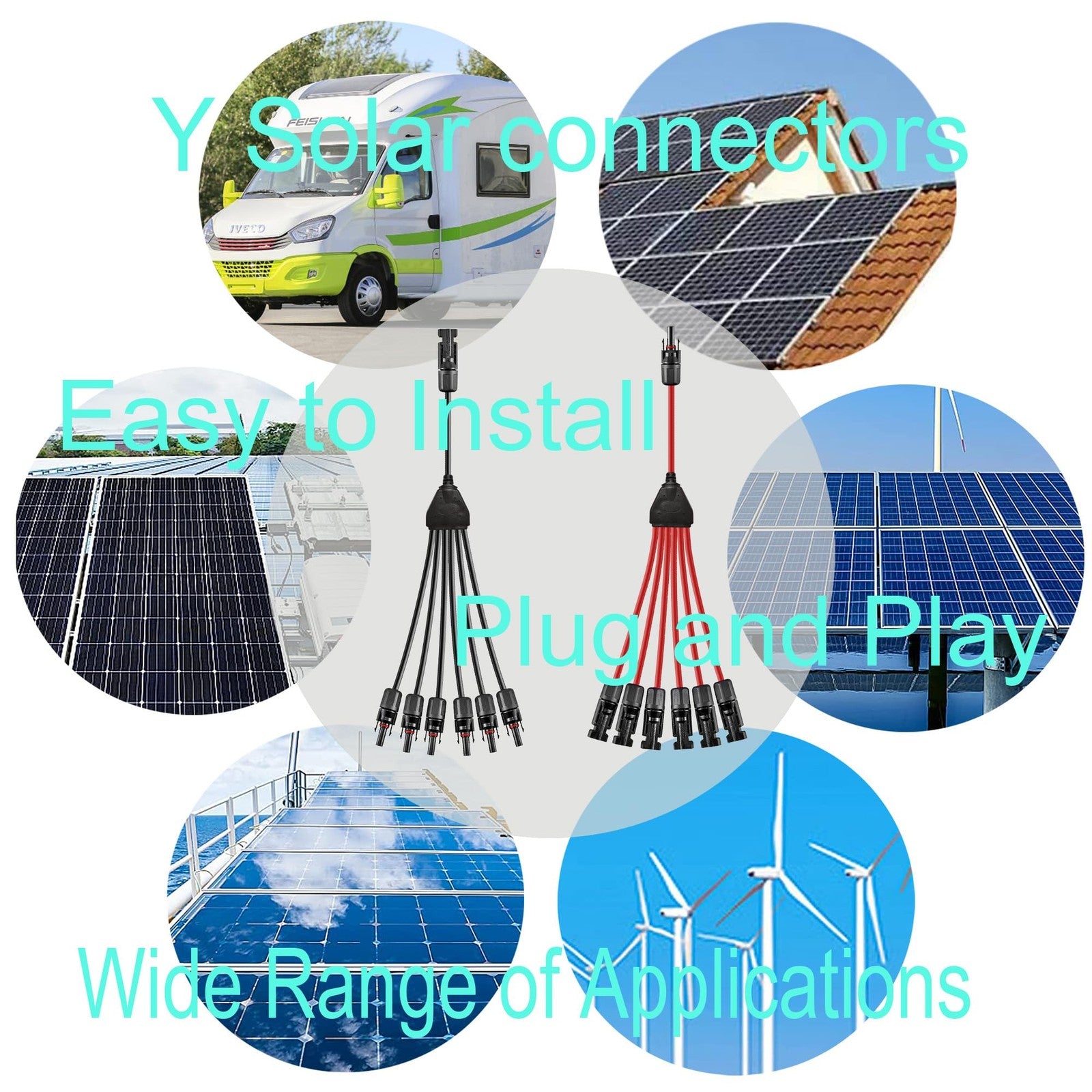WOODGUILIN Y Solar connector showing 1 to 6 parallel solar cable branch with male connectors for solar panel wiring.