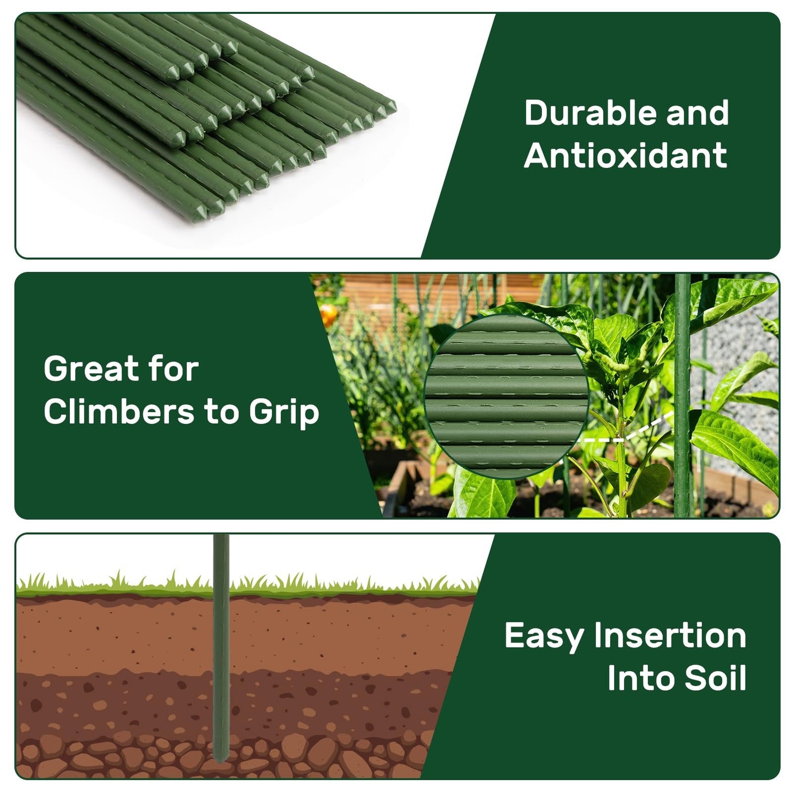 AGTEK 48-inch plastic-coated steel garden stakes, 50-pack, sturdy plant sticks for supporting garden plants and flowers.