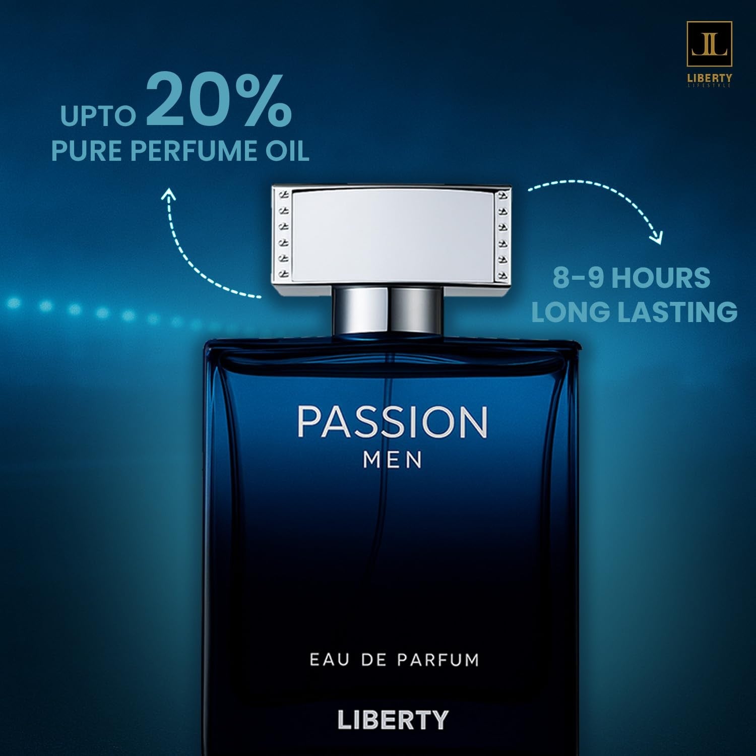 Liberty Luxury Passion men's Eau de Parfum, long-lasting spicy and bold scent, shown in sleek perfume bottle.