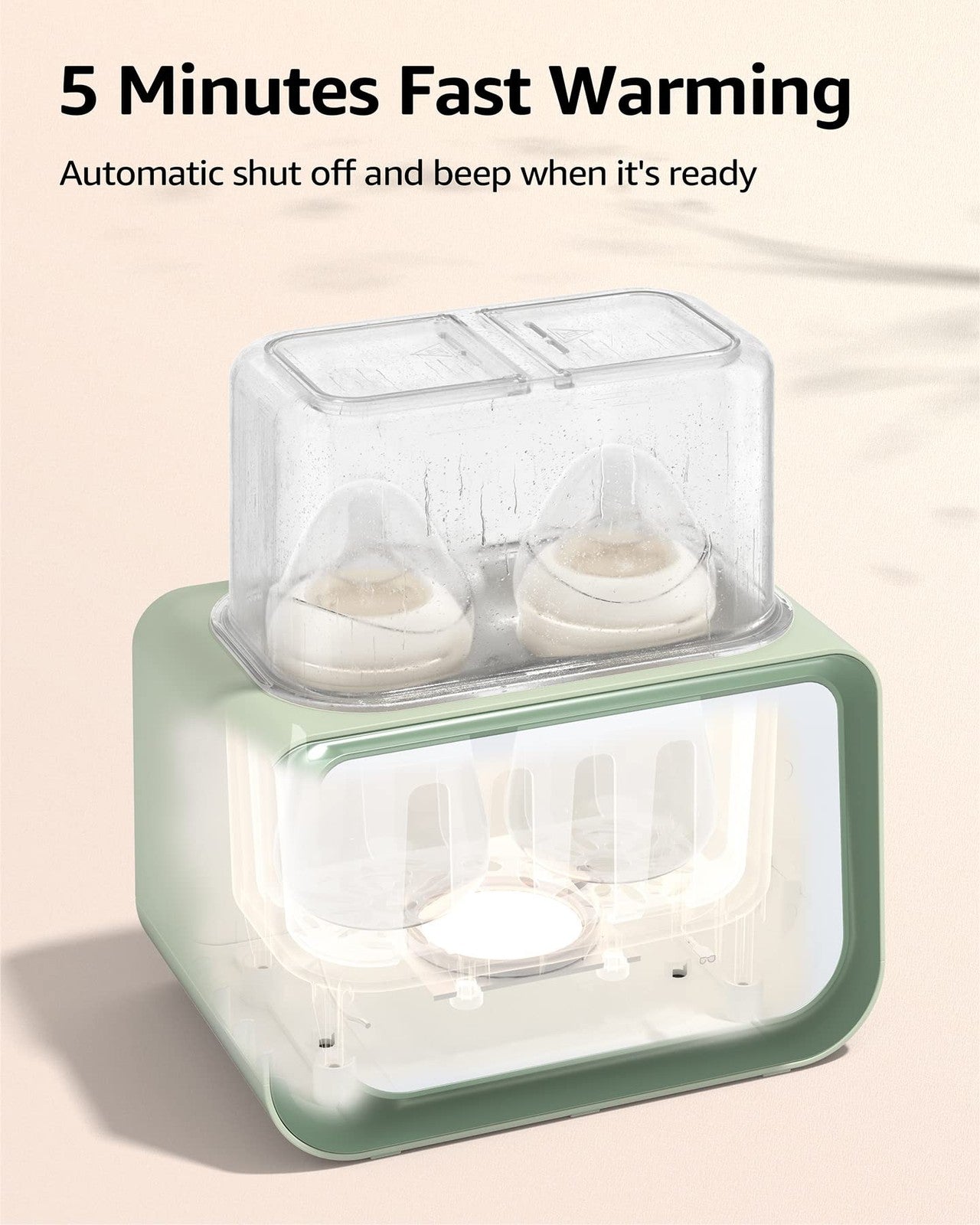 GROWNSY Baby Bottle Warmer 8-in-1 milk warmer with timer, suitable for breastmilk or formula, showing the device and bottles.