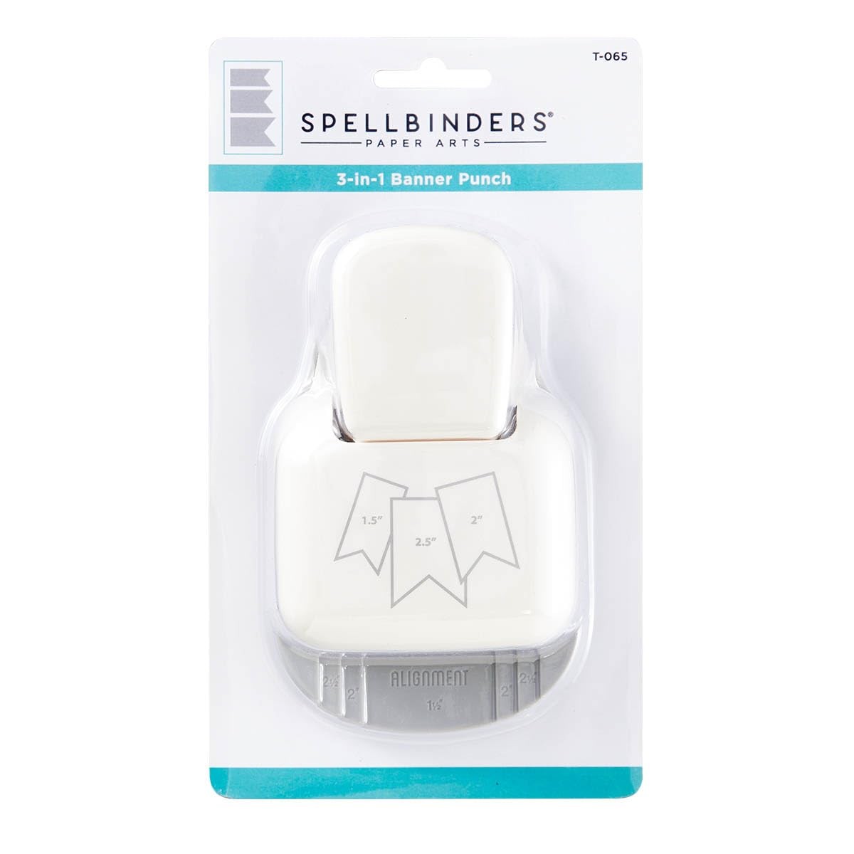 Spellbinders T-065 3-in-1 Banner Punch showing its versatile punch mechanism and colorful paper banners ready for crafting.