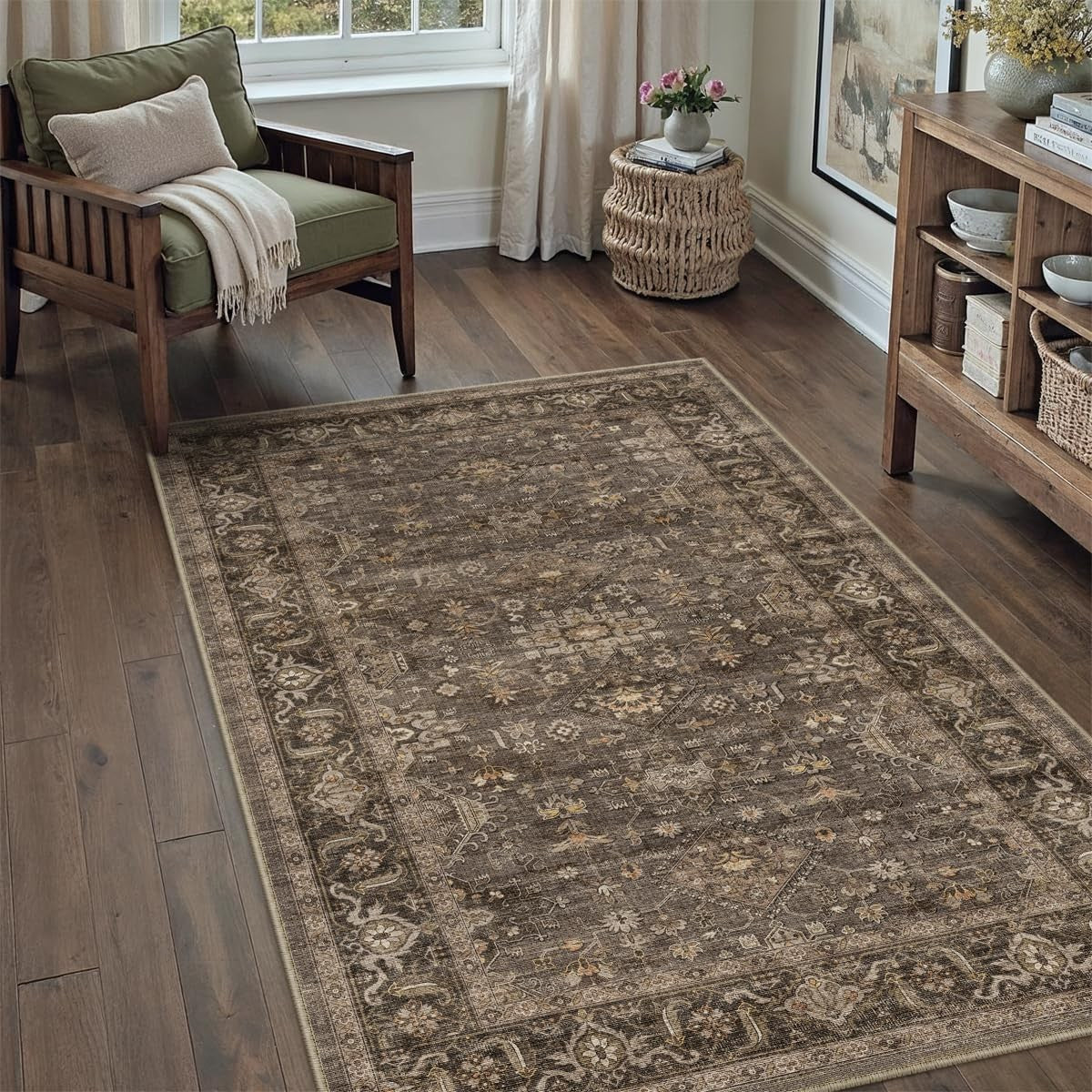 WondRg vintage brown washable 4x5 area rug with soft low pile, suitable for living room or bedroom decor.