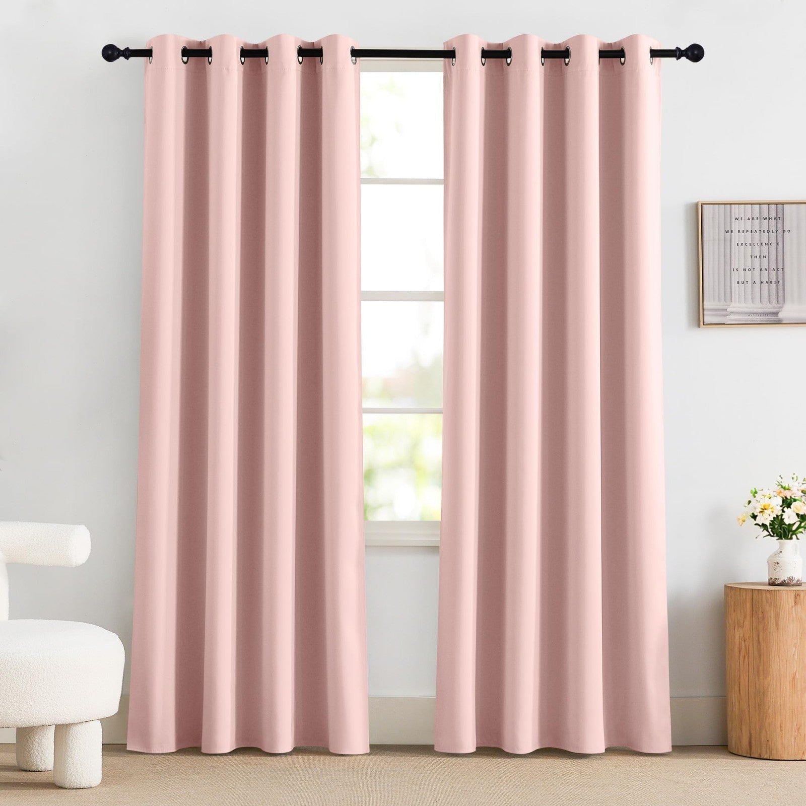 NICETOWN 100% blackout curtains for kids and girls' bedrooms, 84-inch length, providing privacy and light blocking in a cozy room
