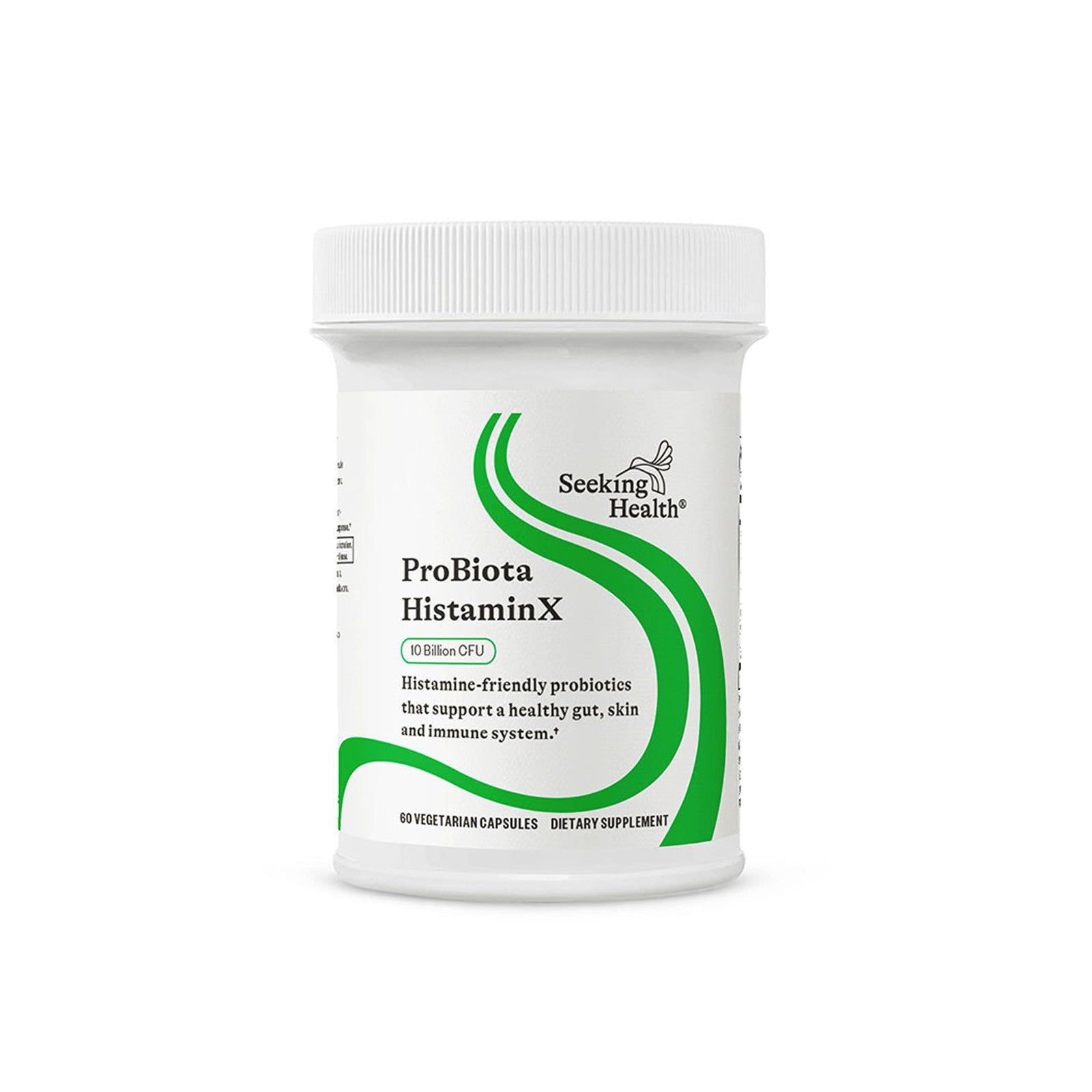 Seeking Health ProBiota HistaminX digestion supplement bottle and capsules for gut health support.