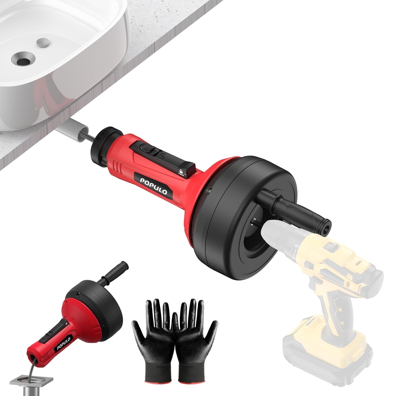 Populo 17ft drain snake auger for plumbing, shown coiled with handle and cable, ideal for clearing sink, shower, and tub clogs.