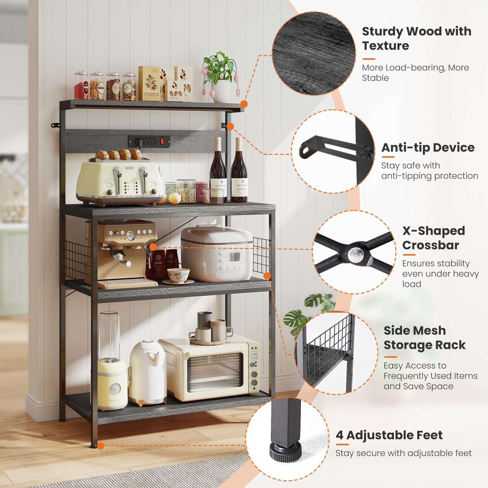 Sweetcrispy kitchen bakers rack with power outlet, 4-tier coffee bar table and microwave stand, sturdy metal frame and wood shelves