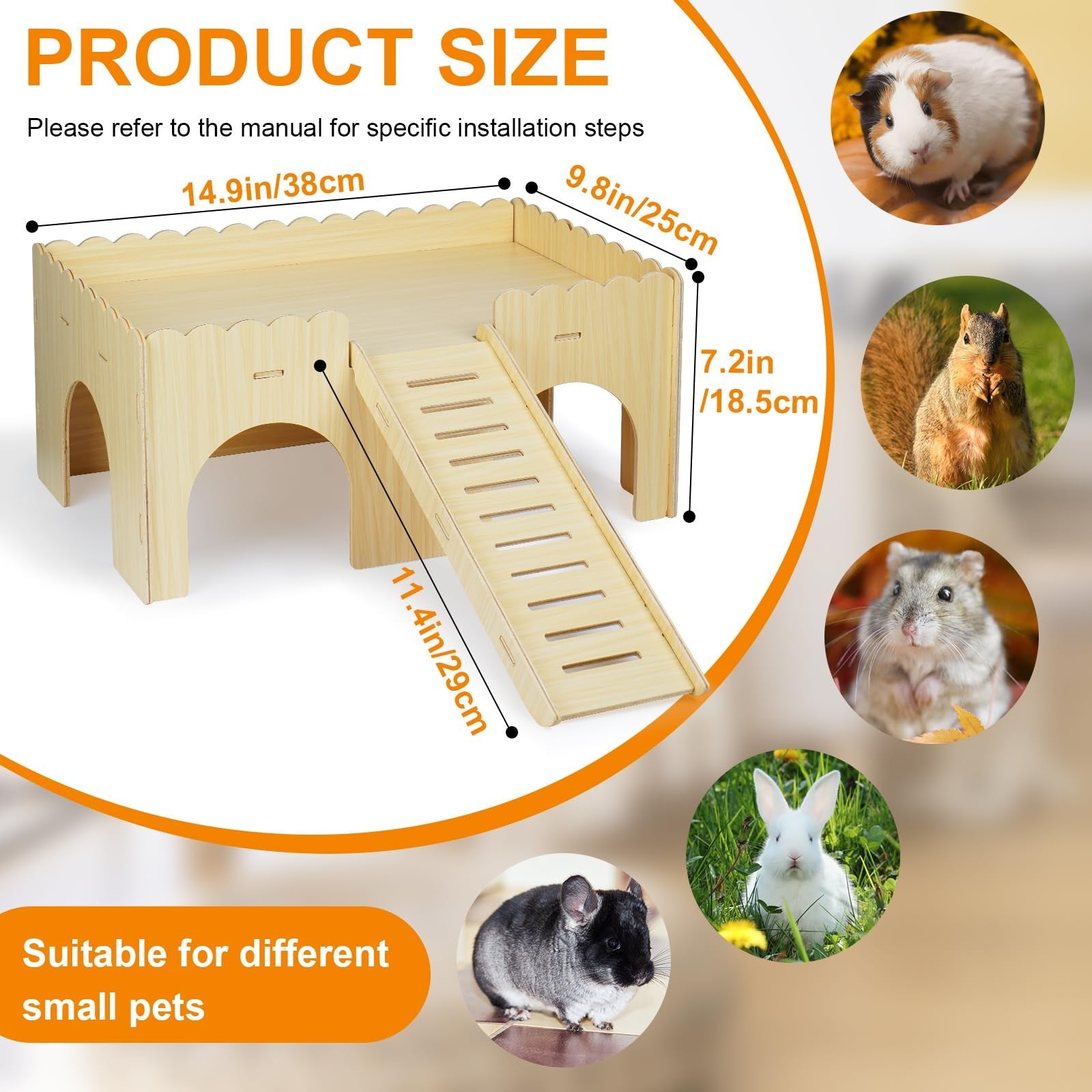 Wooden guinea pig hideout and castle with ramp by Qorviana, large upgraded guinea pig hideout for pet comfort and play.