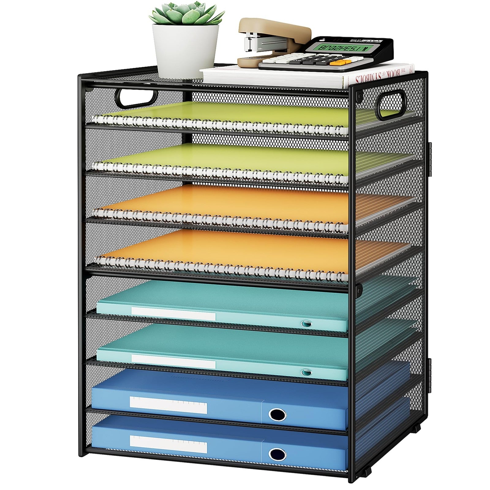 SUBEKYU 9-tier black metal mesh paper organizer for desks, with multiple letter trays for document and file storage.