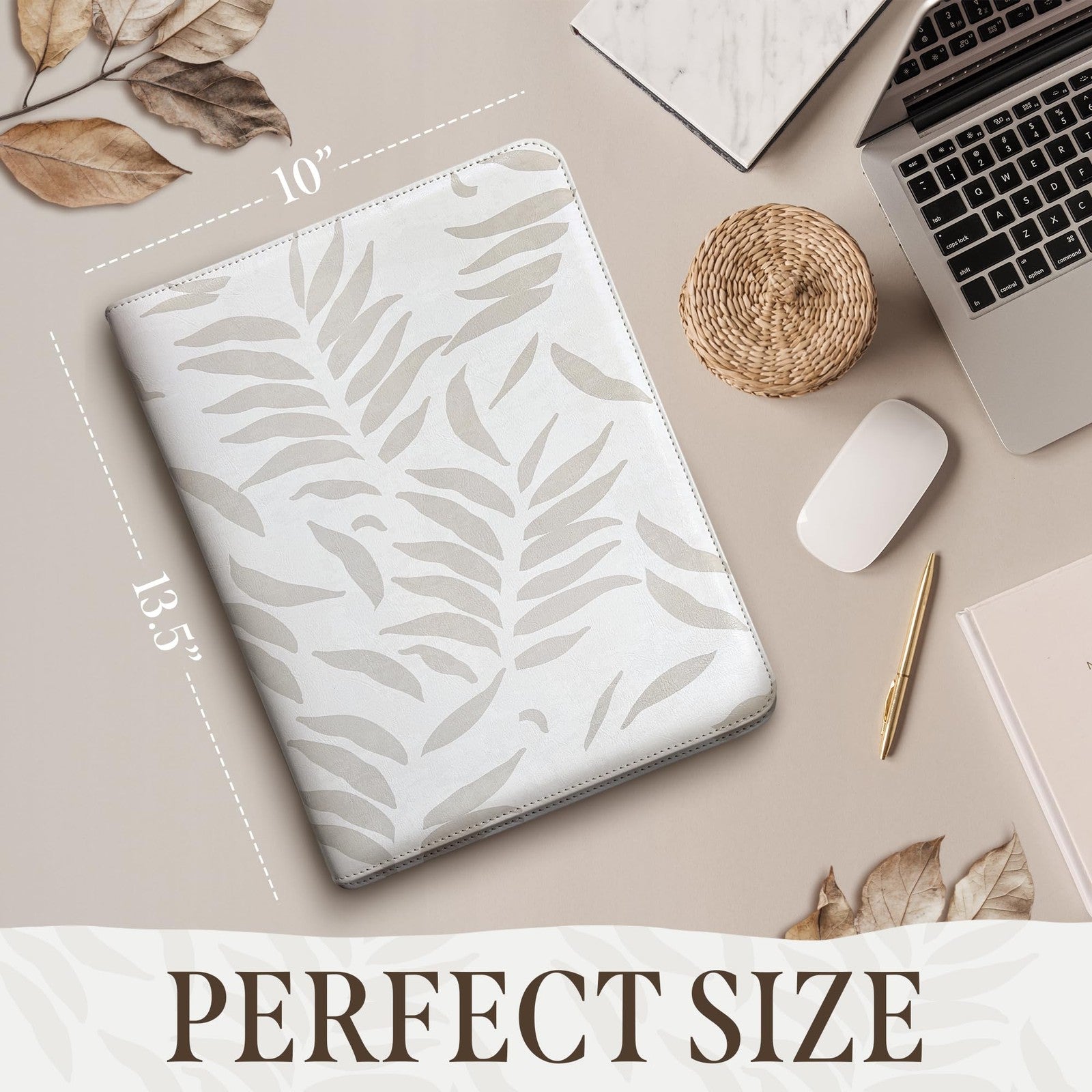 Beige leather women's padfolio with zipper binder and organizer, featuring a sleek design and functional zipper closure.