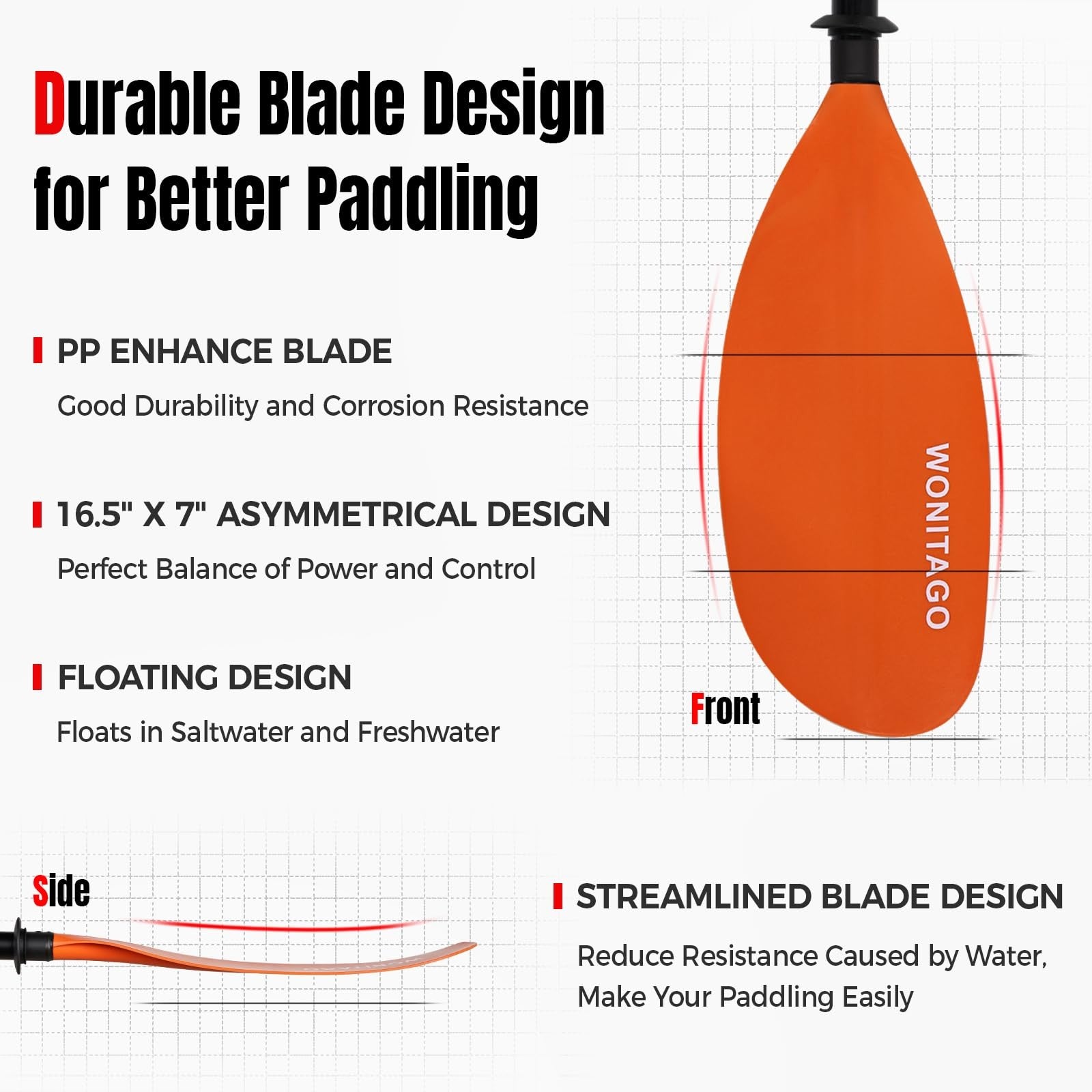 Wonitago kayak paddles with alloy shafts and plastic blades, floating kayaking oars for efficient paddling on the water.
