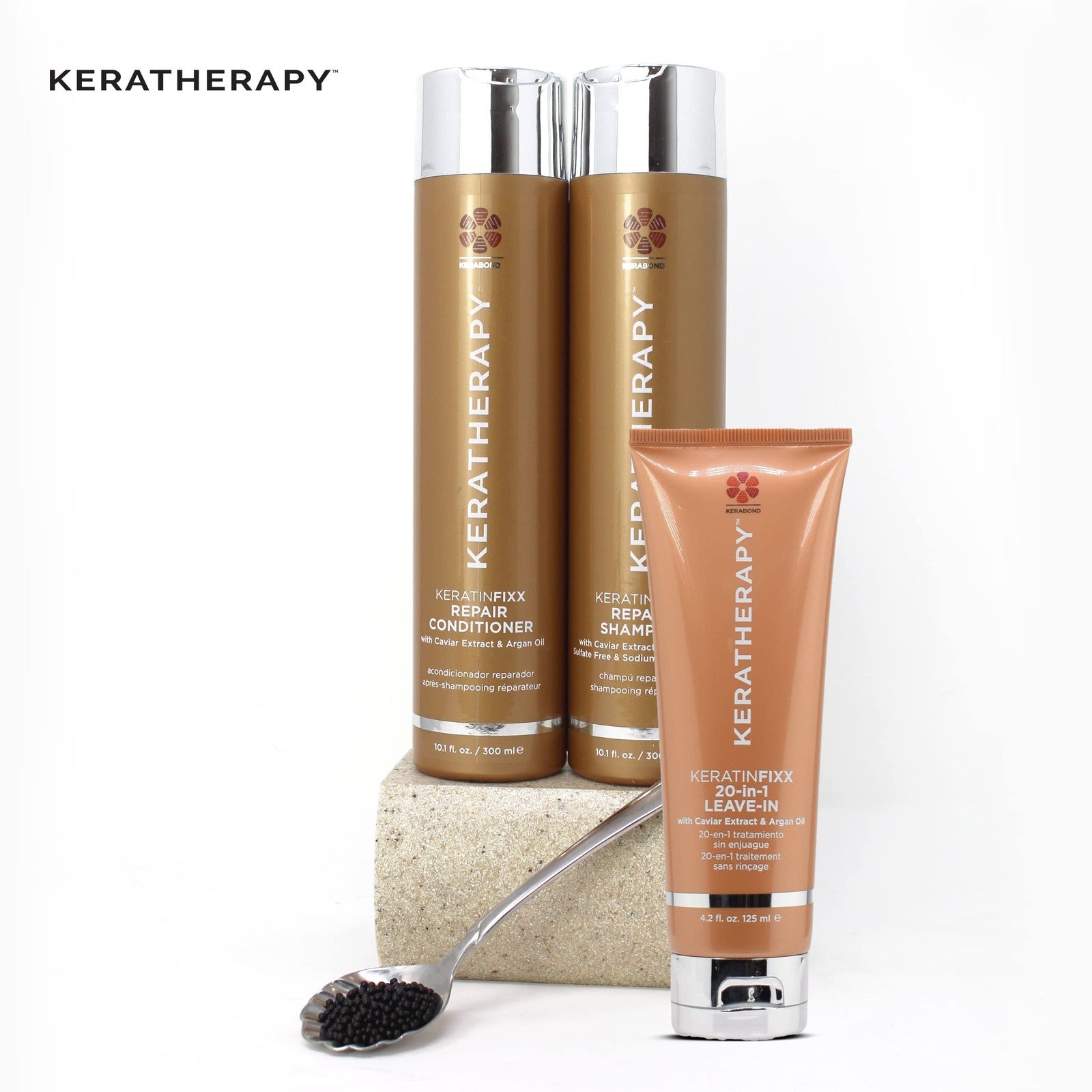 Keratherapy KeratinFIXX 20-in-1 leave-in treatment in a 4.2 fl oz bottle, featuring a sleek pump dispenser and clear label.