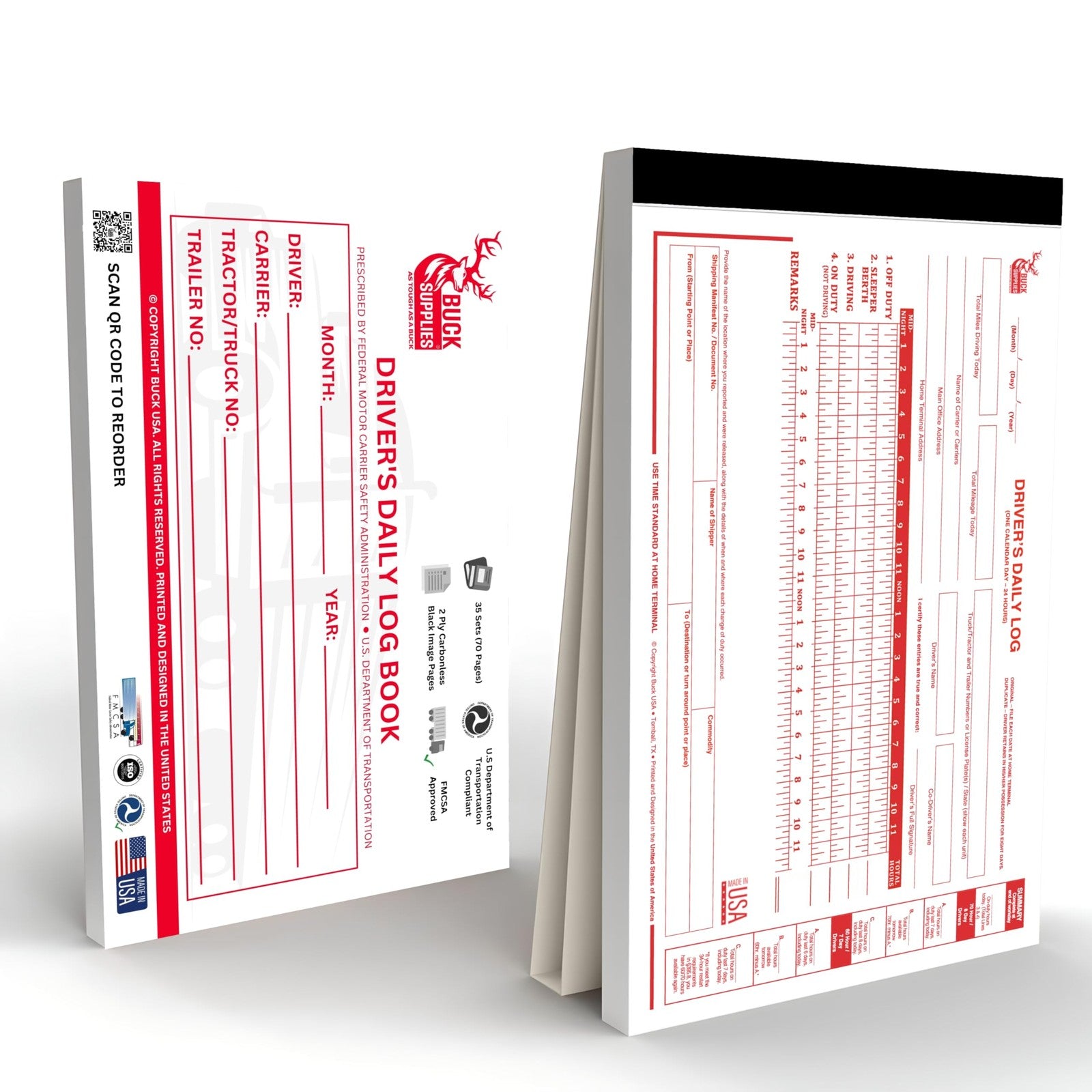 Set of 10 BUCK TAPE Truck Driver Daily Log Books with 7 & 8 day recap pages, DOT compliant, durable paper for trucking logs.