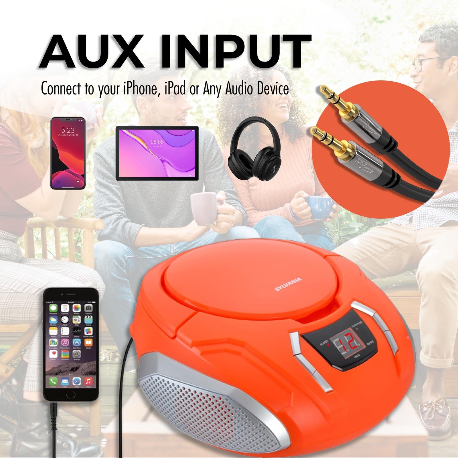 PROSCAN ELITE portable CD player boombox with built-in speakers, AM/FM radio, and sleek design for on-the-go music enjoyment.