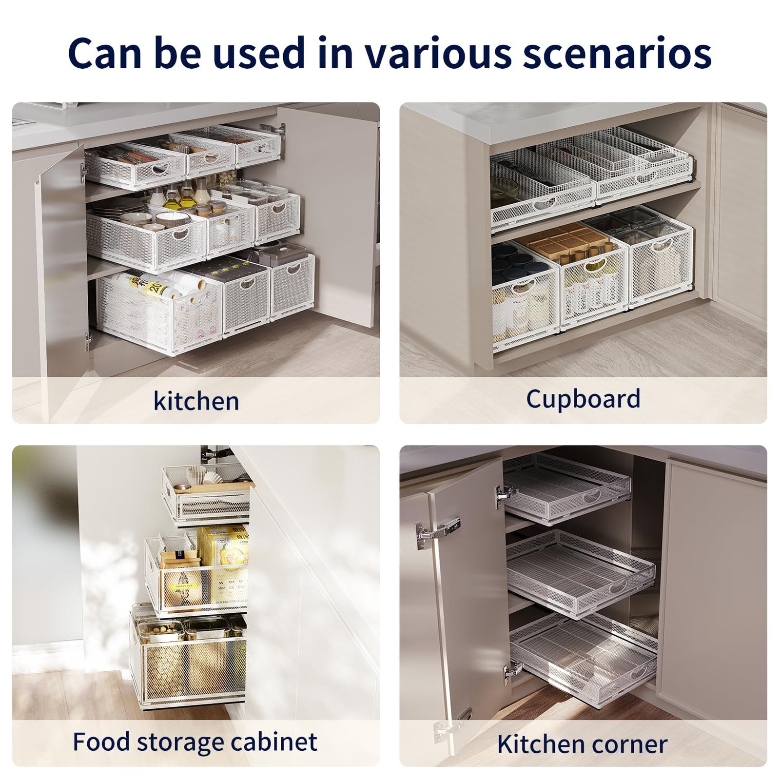 AmzAge pull-out cabinet organizer with sliding drawers and no drill adhesive for kitchen storage.