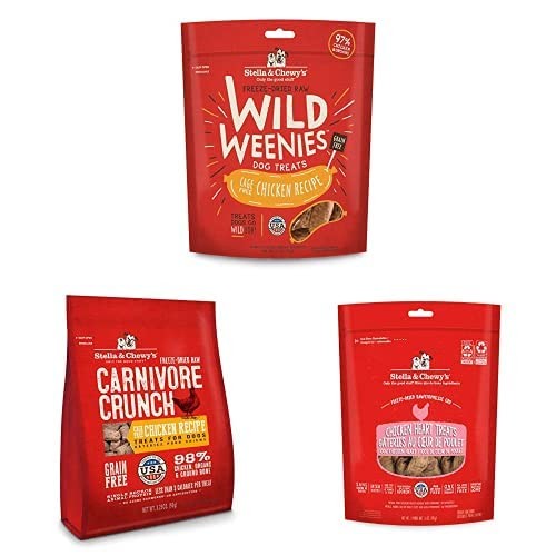Stella & Chewy's Chicken Treats bundle showing three packages of single animal protein dog treats with chicken flavor.