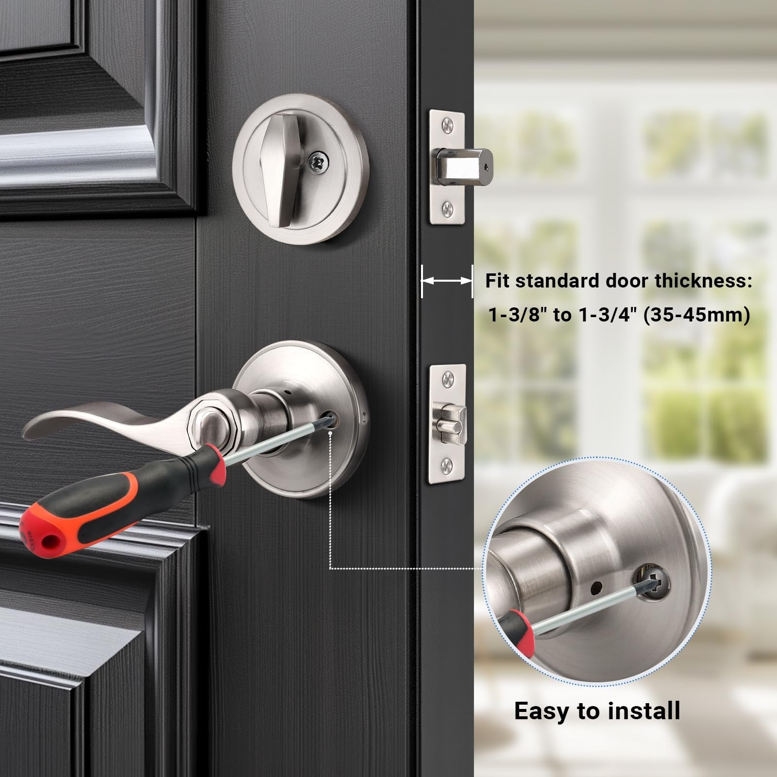 Knobonly keyed alike front door handle with single cylinder deadbolt, featuring a satin finish and modern design for secure entry.