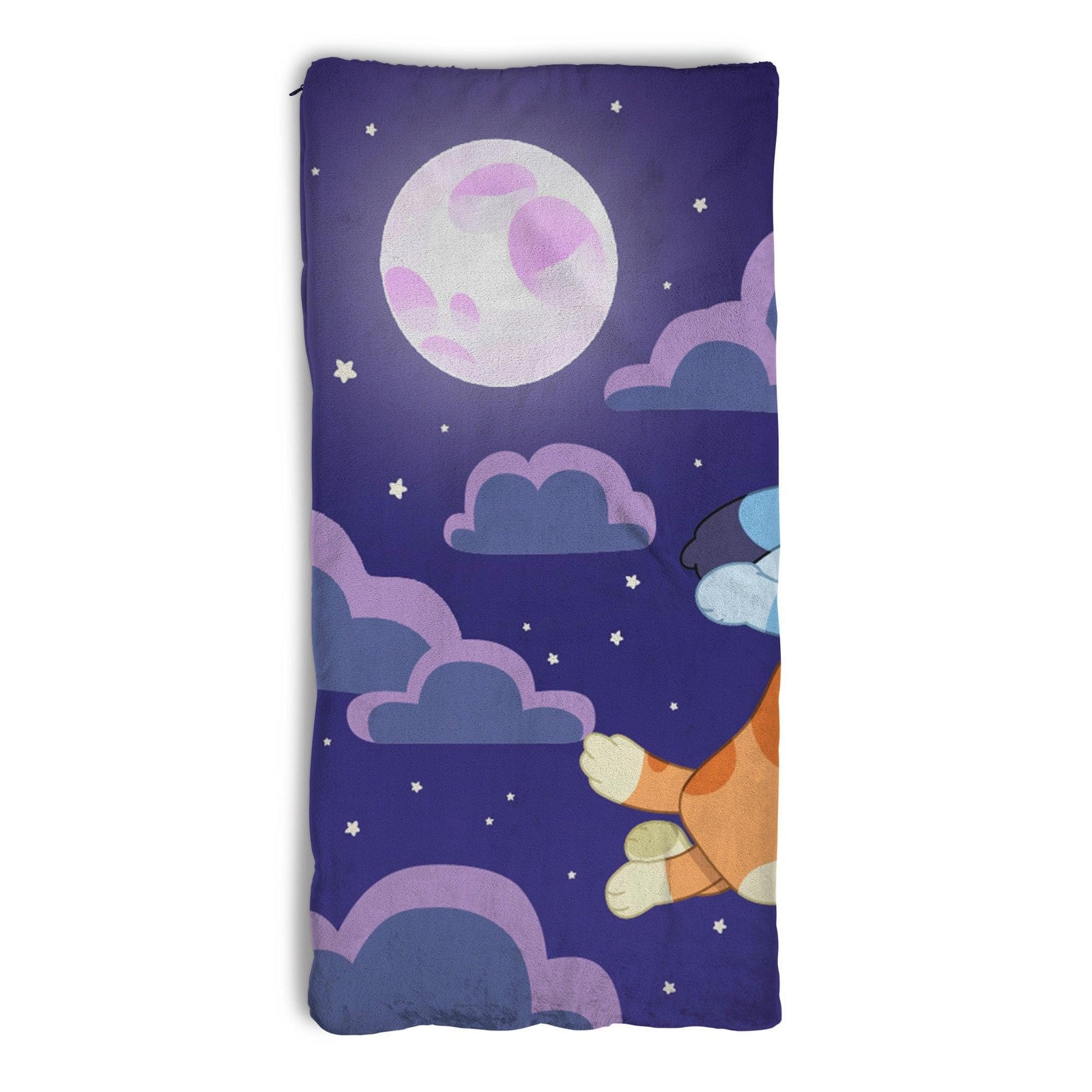Northwest Bluey Silk Touch Sherpa Slumber Bag with zipper showing soft blue and white Sherpa fabric and zipper closure.