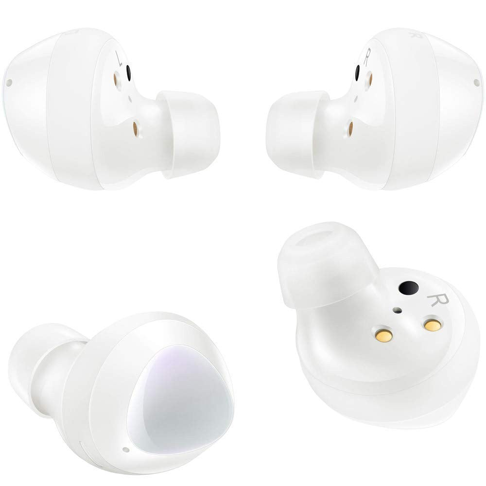 Samsung Galaxy Buds R175N true wireless earbud headphones in white, shown in charging case with earbuds inside.