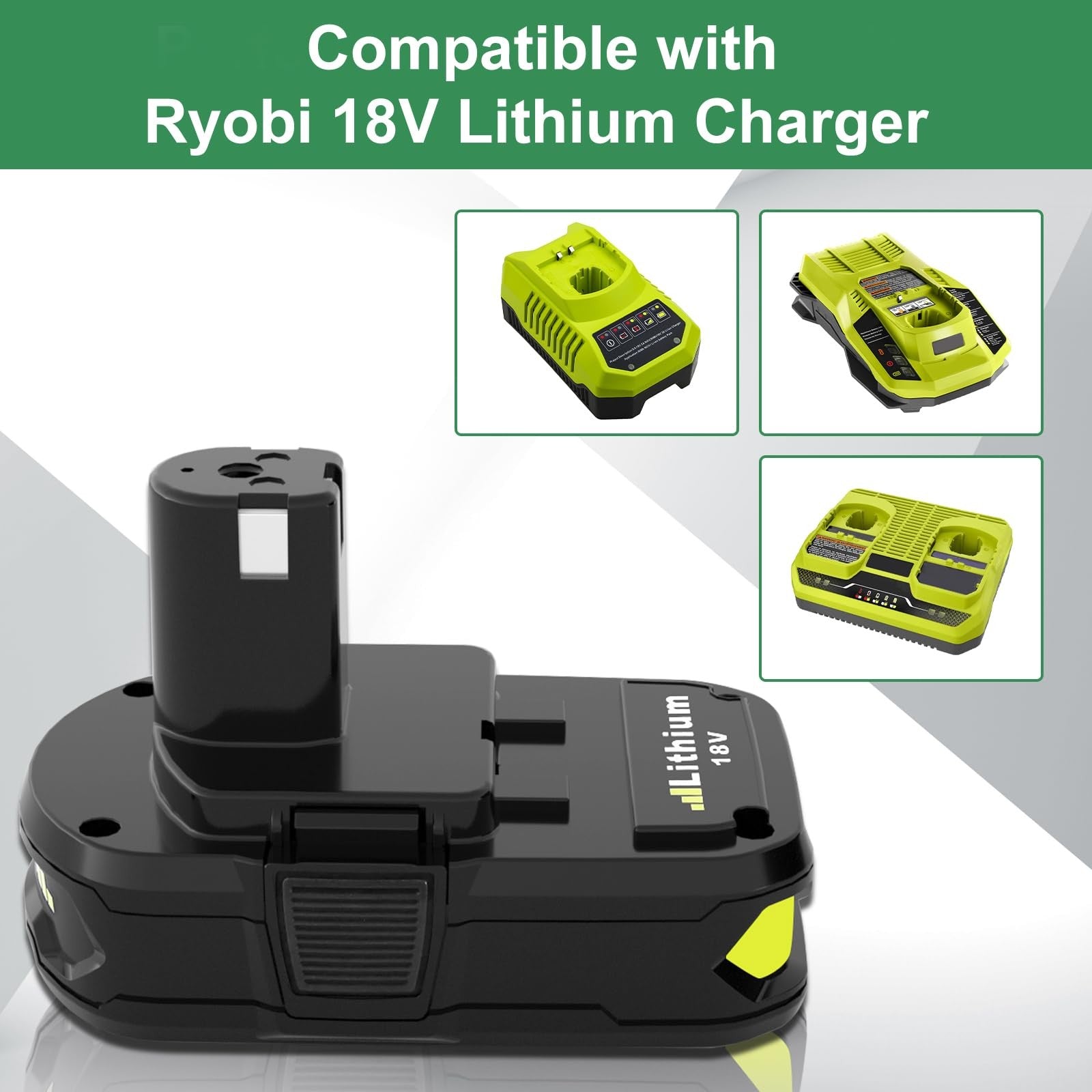 Reoben 2-pack 3.6Ah lithium batteries for Ryobi 18V power tools, showing the replacement batteries with labels and terminals.