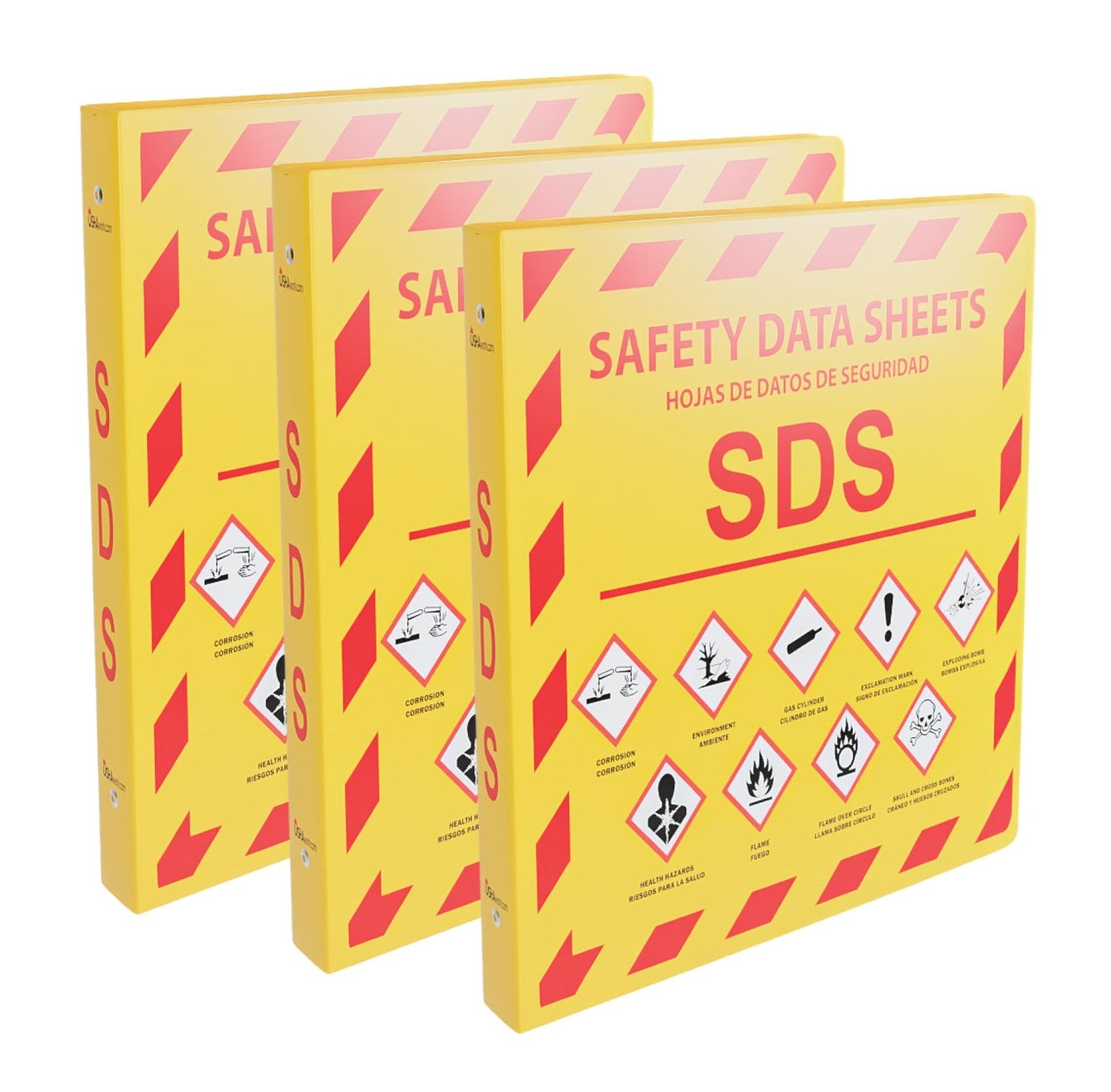 Yellow Safety 3-pack SDS binders in yellow, heavy-duty 1.5 inch size for 2024 safety regulation compliance.