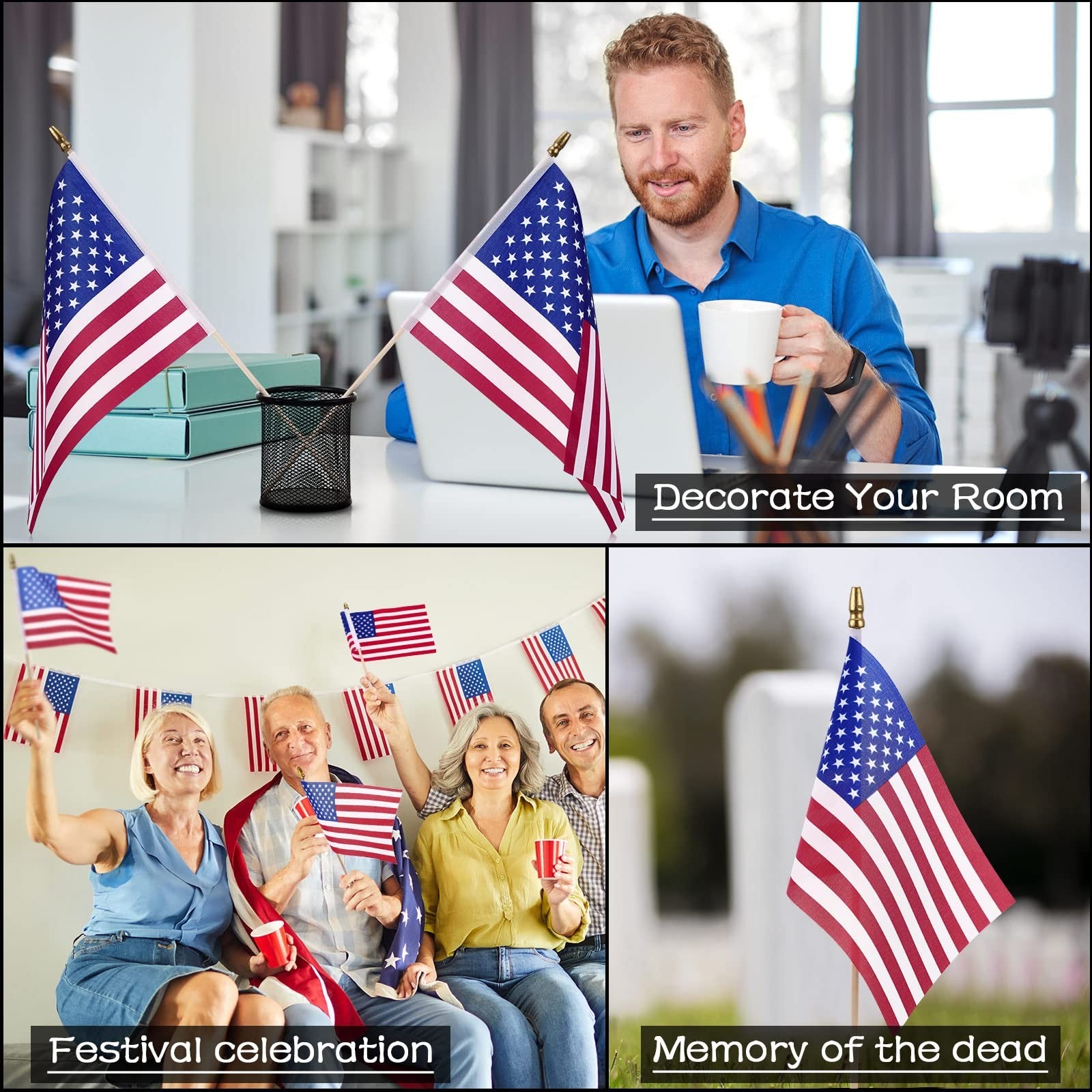 Tegeme small American flags on sticks, 4x6 inches, handheld flags with gold accents, patriotic patriotic display.