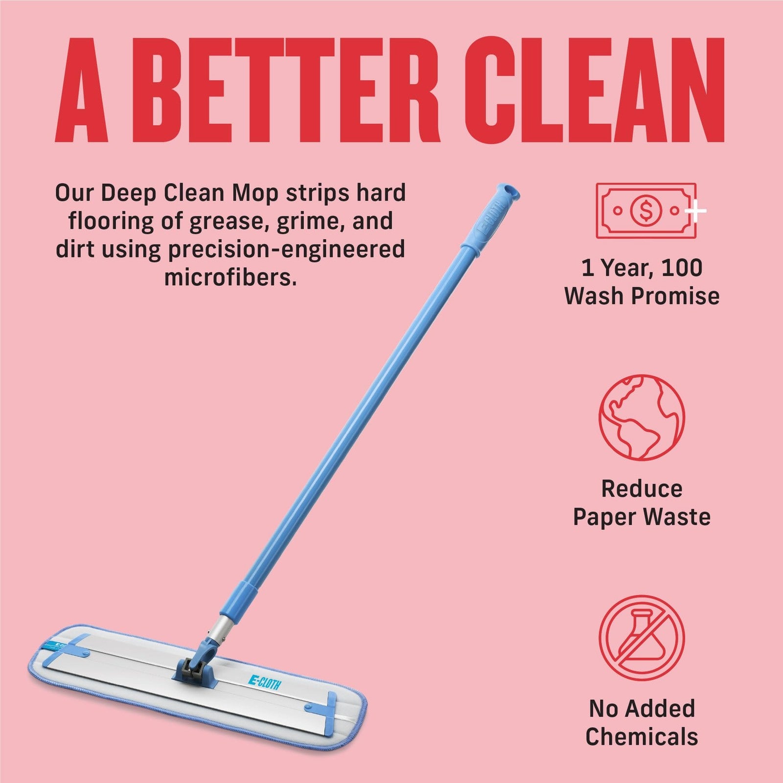 E-Cloth Deep Clean Microfiber Mop pad for home cleaning, reusable and soft for hard floors, shown attached to the mop.