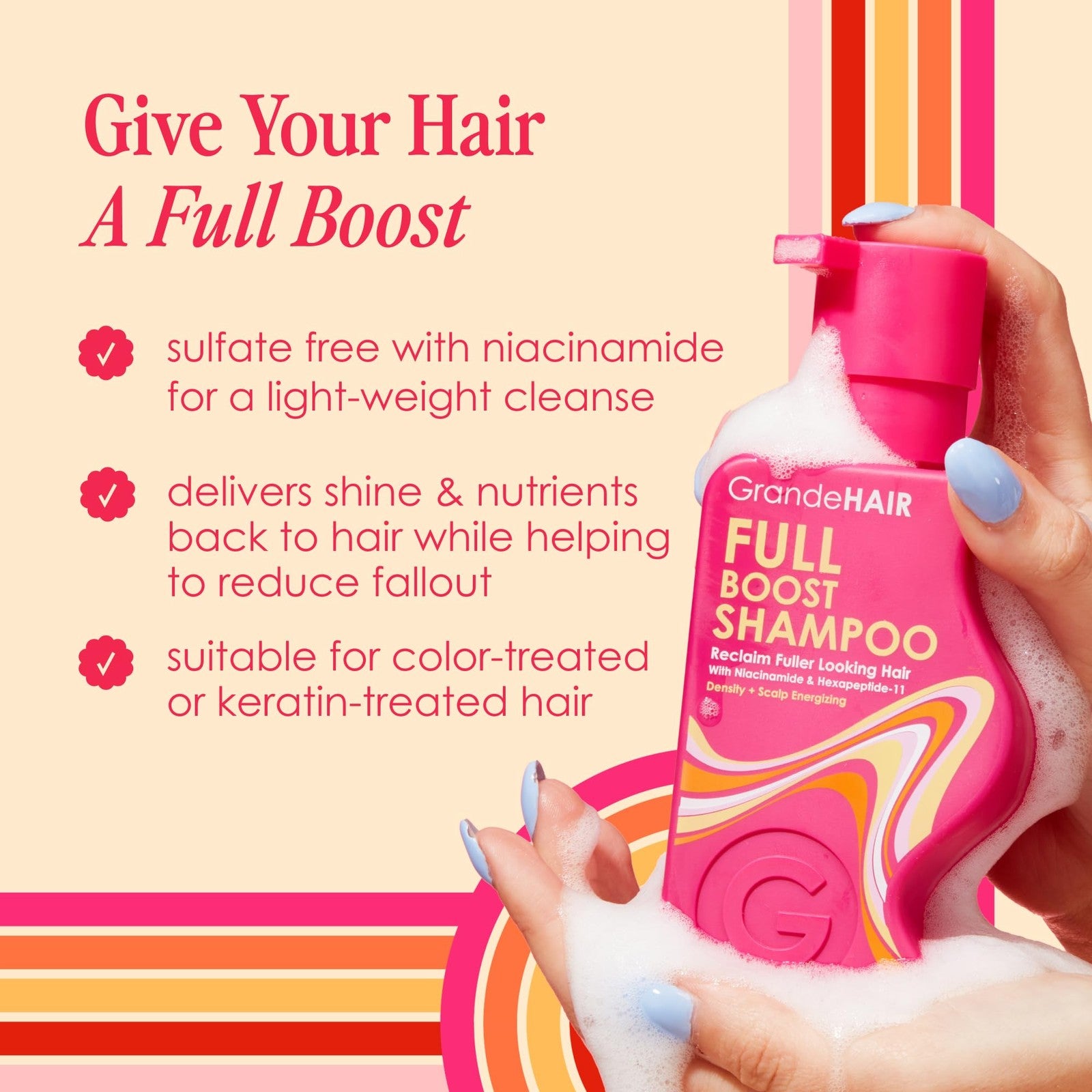 Grande Cosmetics GrandeHAIR Peptide Shampoo for hair thickening and reducing fallout, showing a clear bottle with shampoo and hair strands.