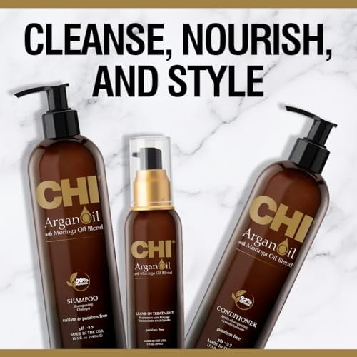 CHI Argan Oil plus Moringa Oil Luxe Trio Kit with shampoo, conditioner, and Morin for nourishing hair care.