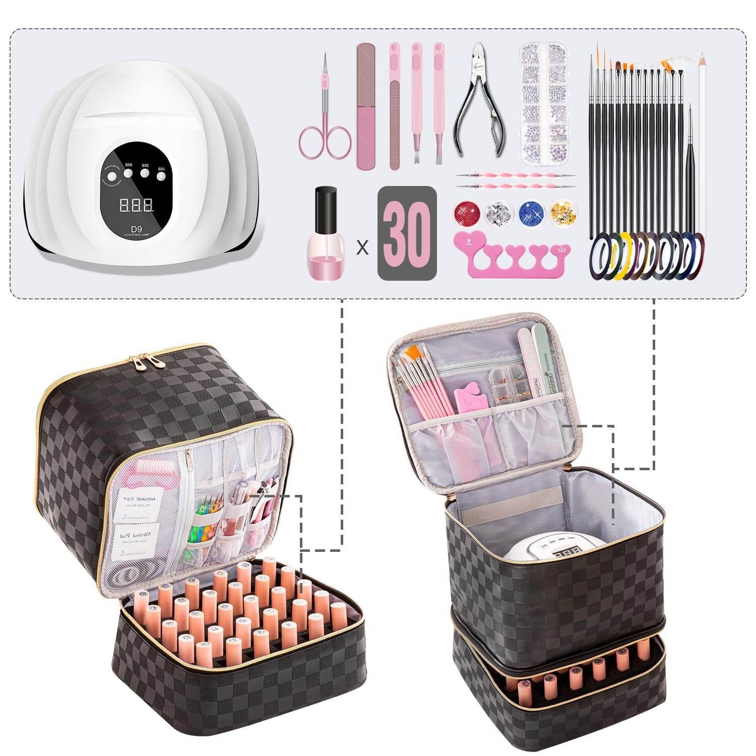 AGX Bravo black nylon nail polish organizer bag for 30 bottles with adjustable compartments and nail lamp holder