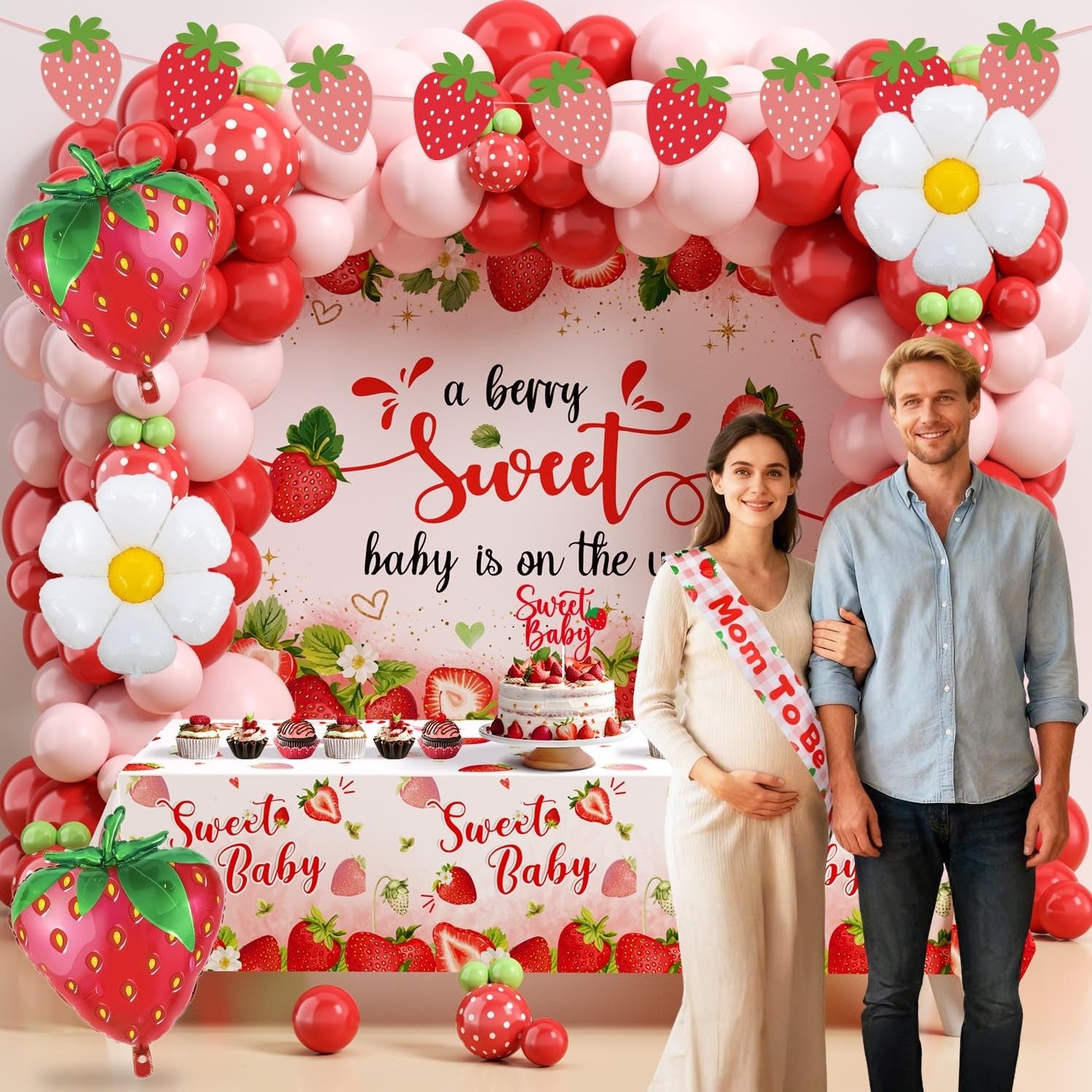 Lopeastar strawberry-themed baby shower decorations with balloons, boxes, arch banner, and sash for celebration setup.