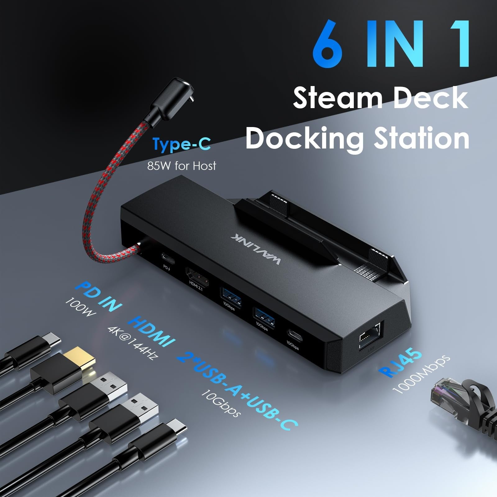 WAVLINK 6-in-1 Steam Deck Docking Station with 4K HDMI, USB ports, 100W PD, and high-speed connectivity for gaming and tech setup